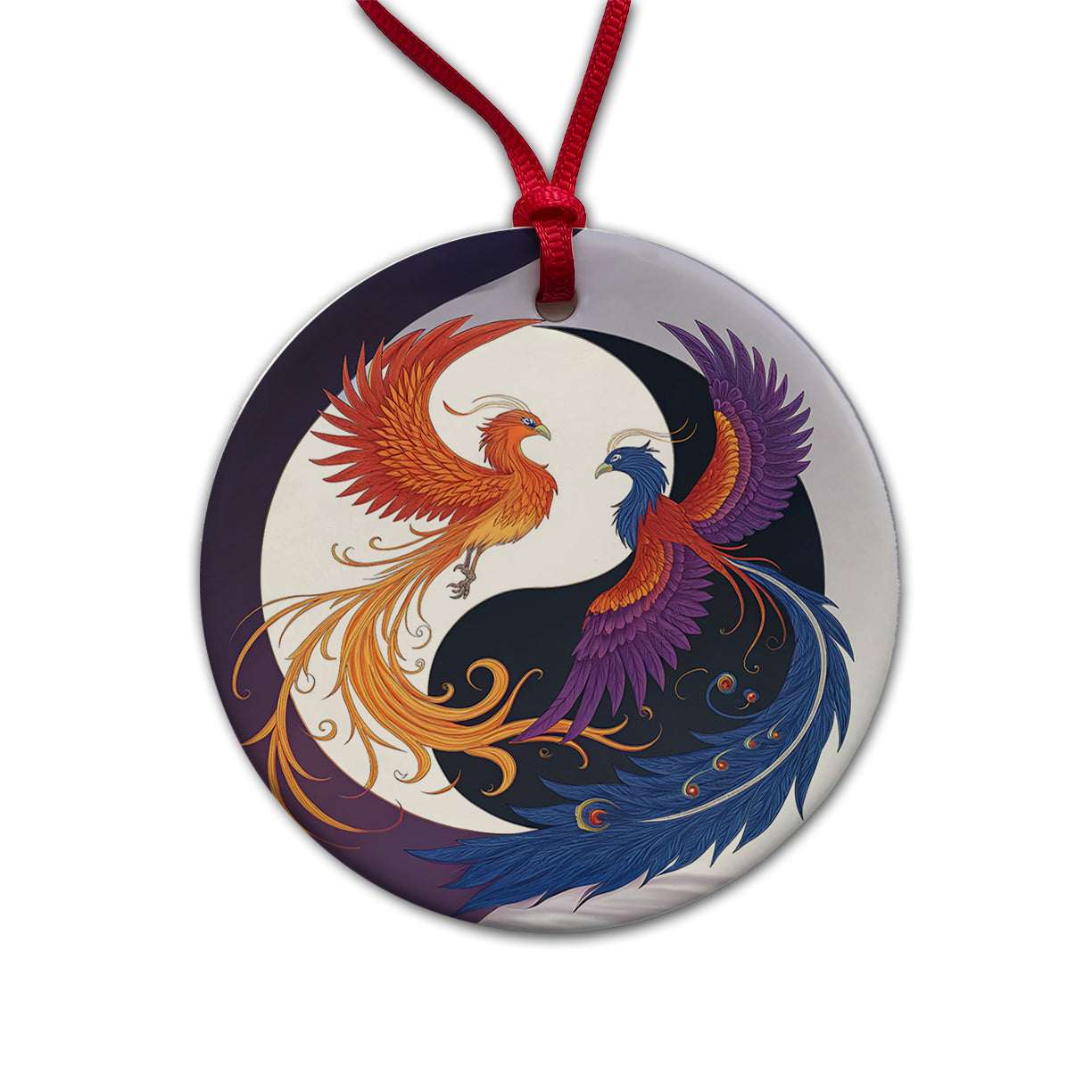 Two Phoenix Yin Yang Round Ceramic Holiday Christmas Tree Ornament