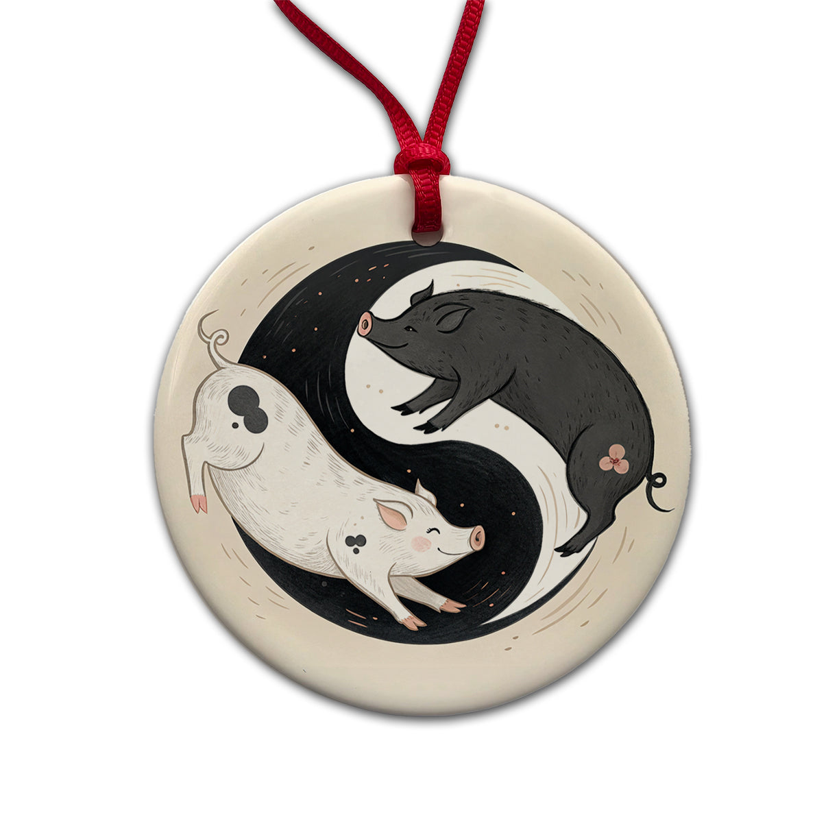 Two Pigs Yin Yang Cute Round Ceramic Holiday Christmas Tree Ornament