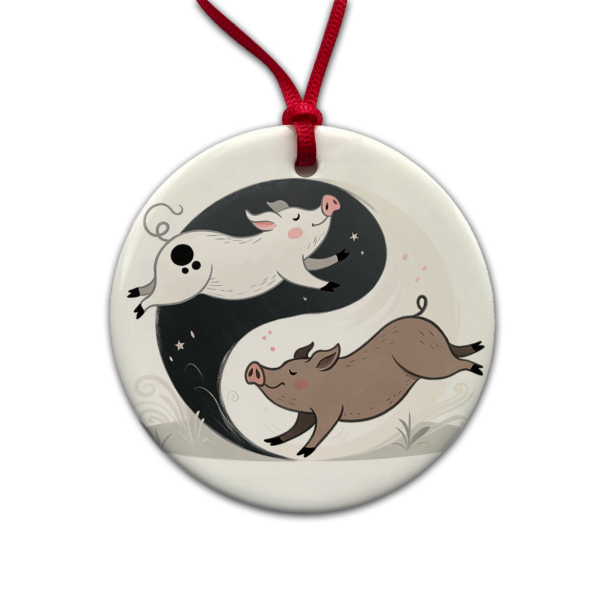 Two Pigs Yin Yang Round Ceramic Holiday Christmas Tree Ornament