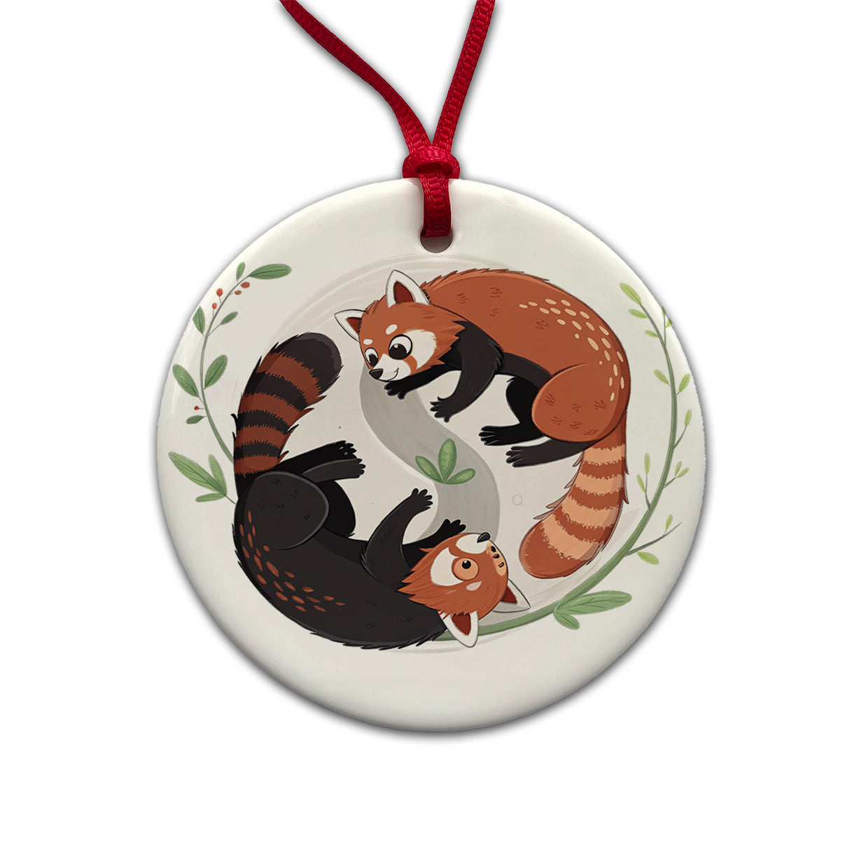 Two Red Pandas Yin Yang Cute Round Ceramic Holiday Christmas Tree Ornament