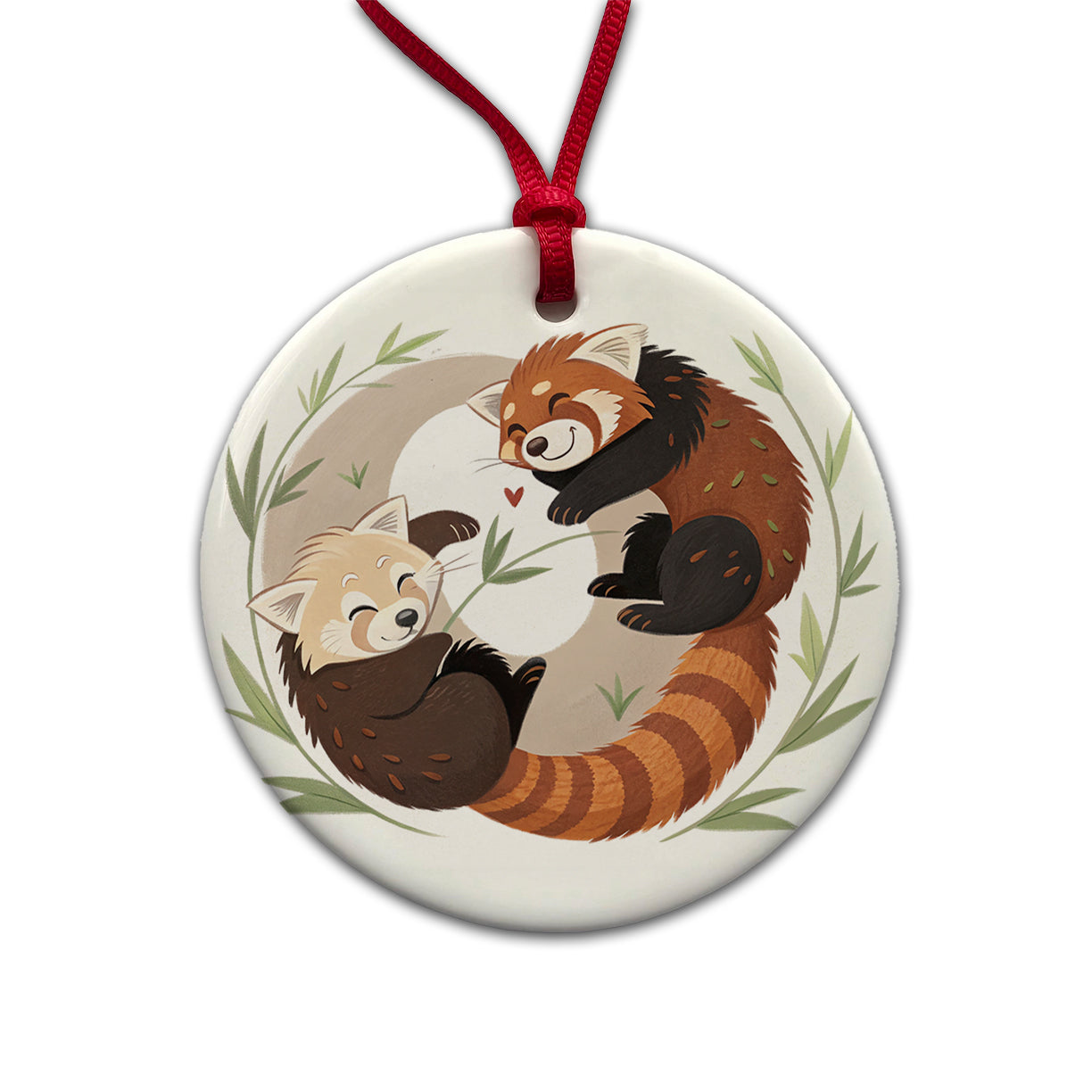 Two Red Pandas Yin Yang Round Ceramic Holiday Christmas Tree Ornament