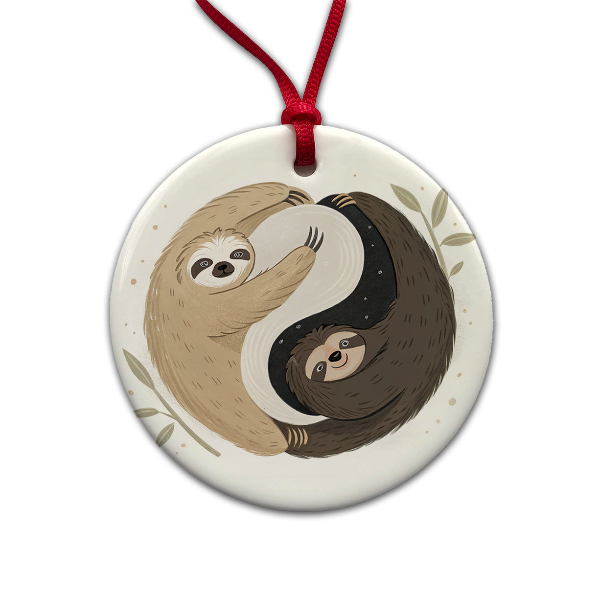 Two Sloths Yin Yang Round Ceramic Holiday Christmas Tree Ornament
