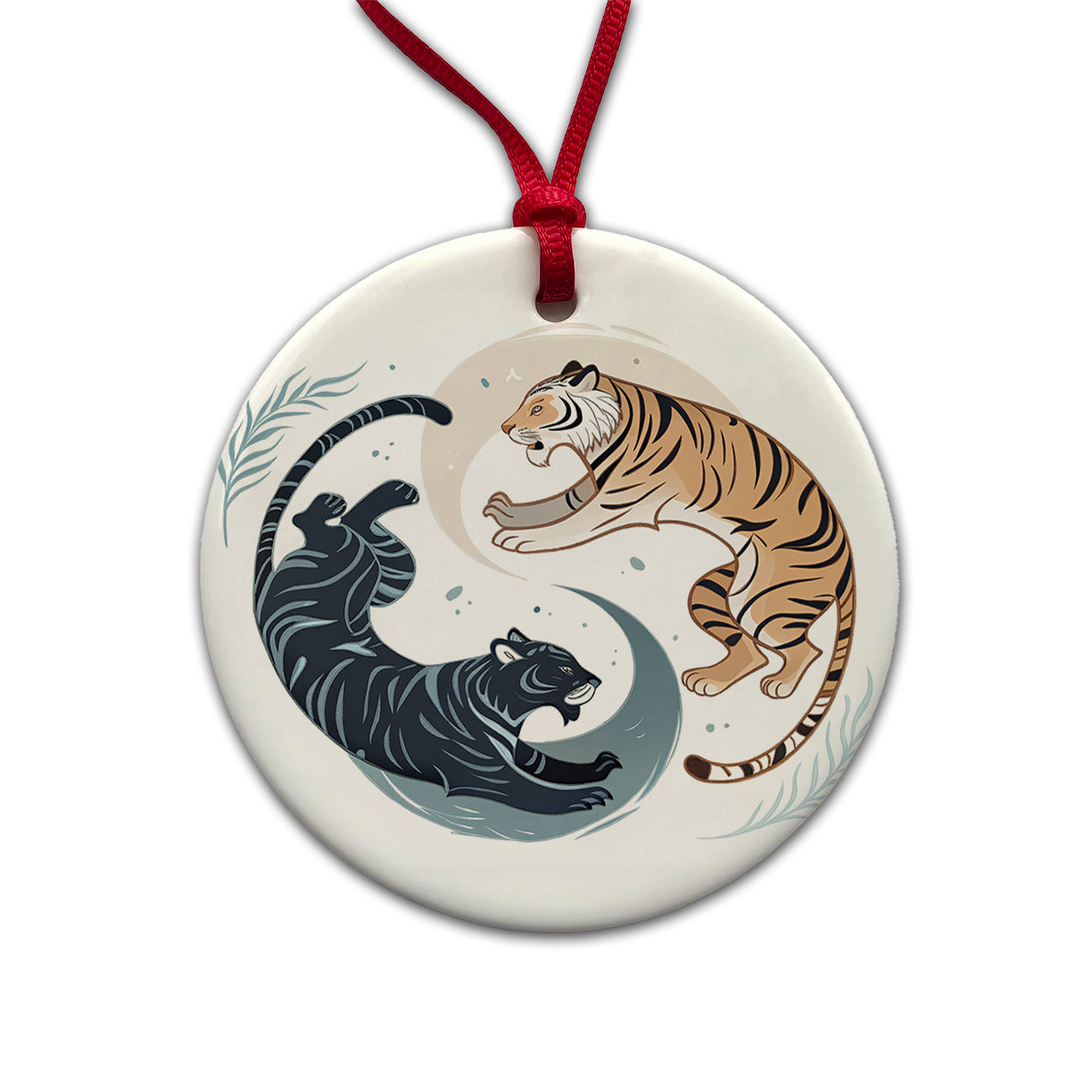 Two Tigers Yin Yang Orange Dark Round Ceramic Holiday Christmas Tree Ornament