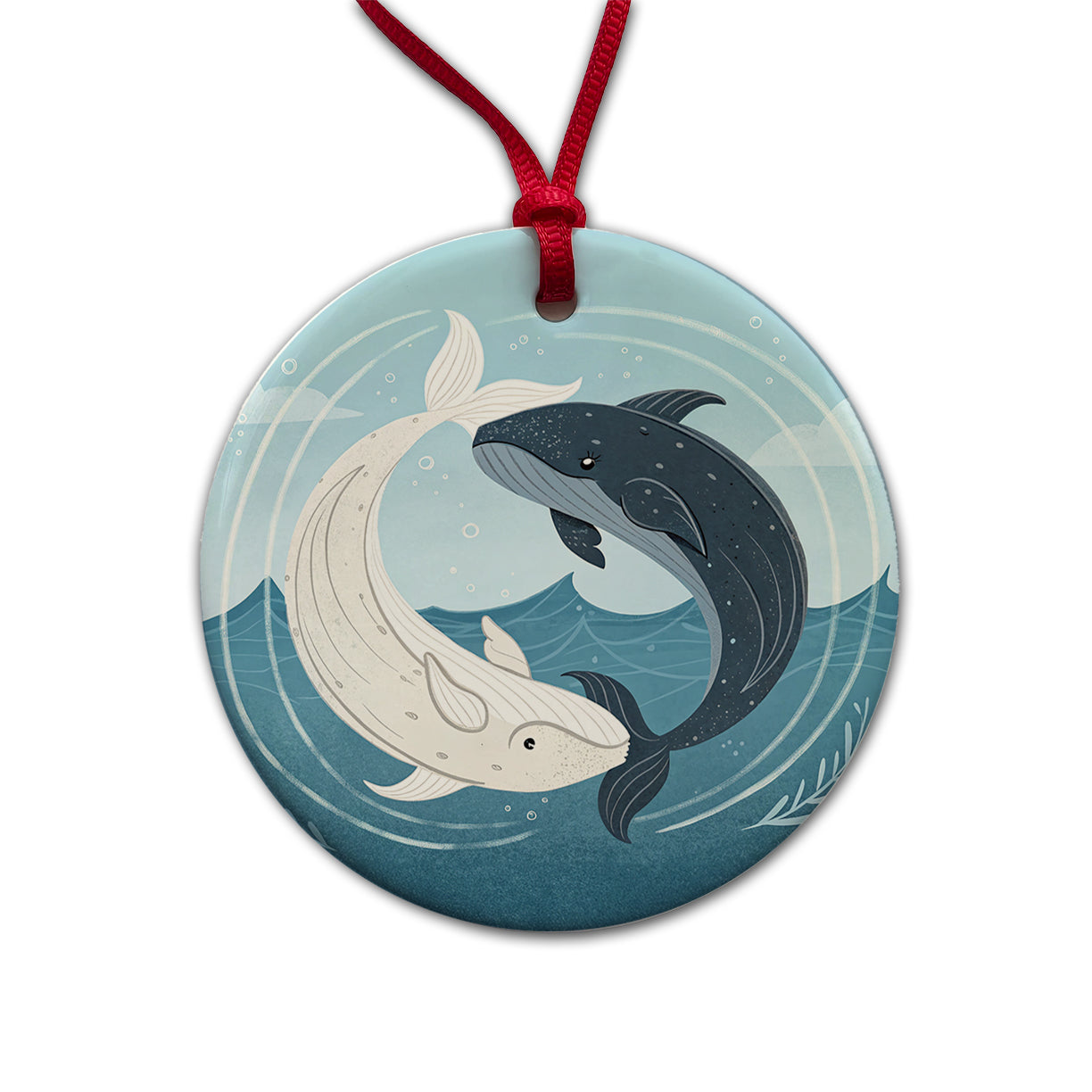 Two Whales Yin Yang Ocean Round Ceramic Holiday Christmas Tree Ornament