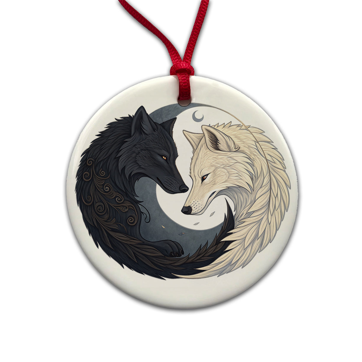 Two Wolves Yin Yang Round Ceramic Holiday Christmas Tree Ornament