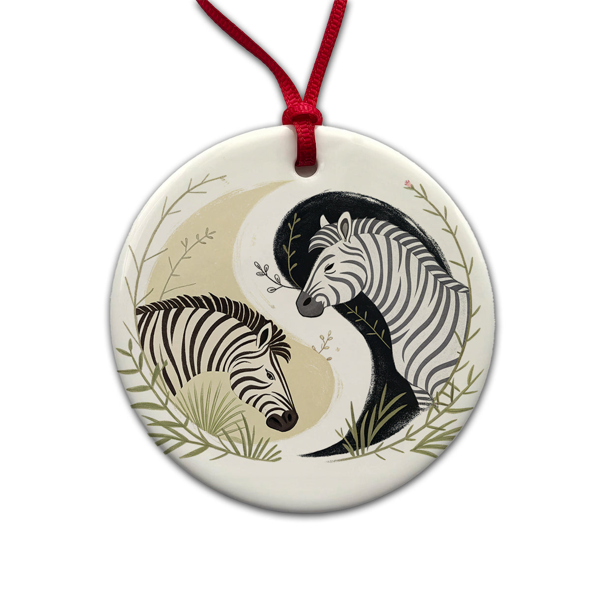Two Zebras Yin Yang Round Ceramic Holiday Christmas Tree Ornament