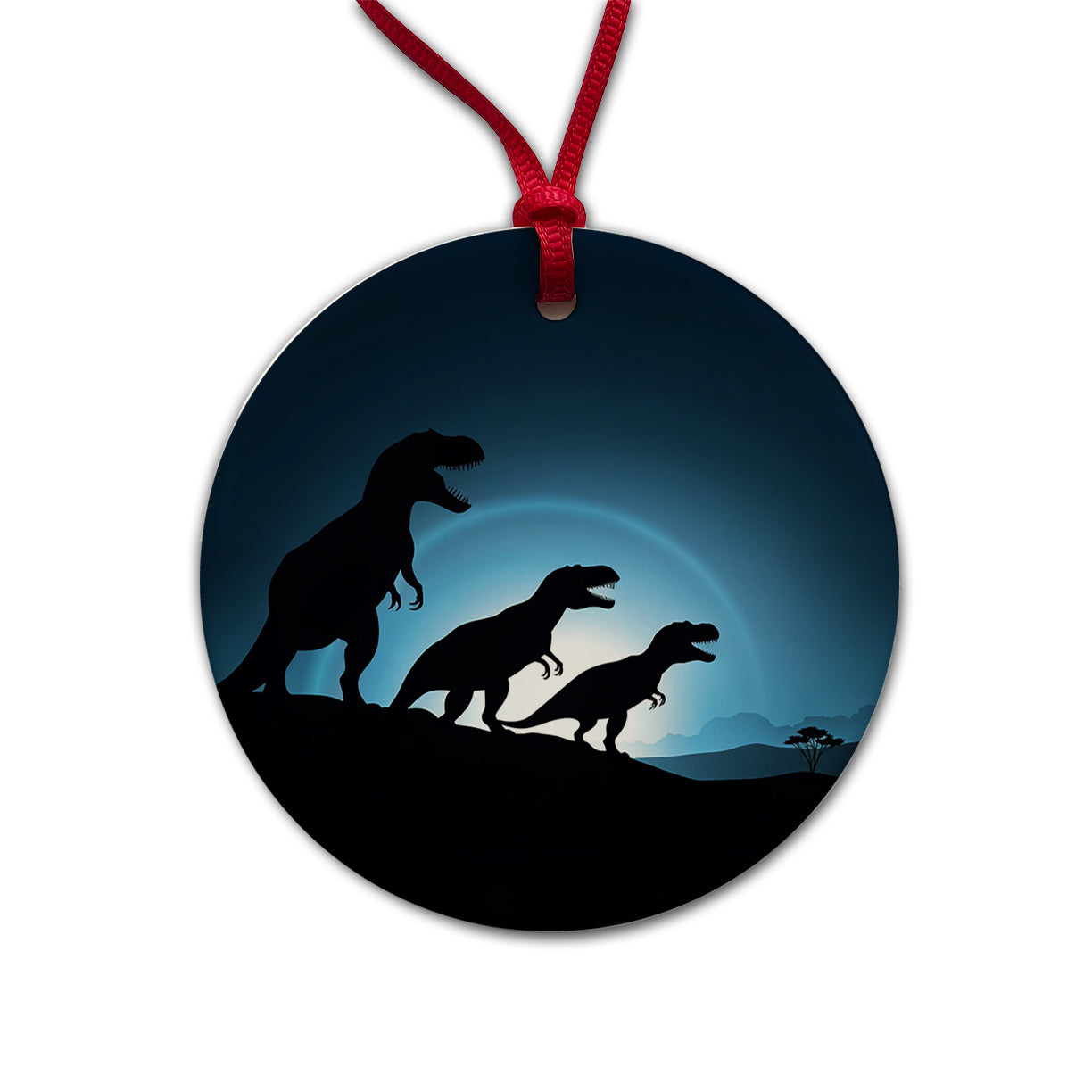 Tyrannosaurus T-Rex Dinosaur Night Silhouettes Round Ceramic Holiday Christmas Tree Ornament