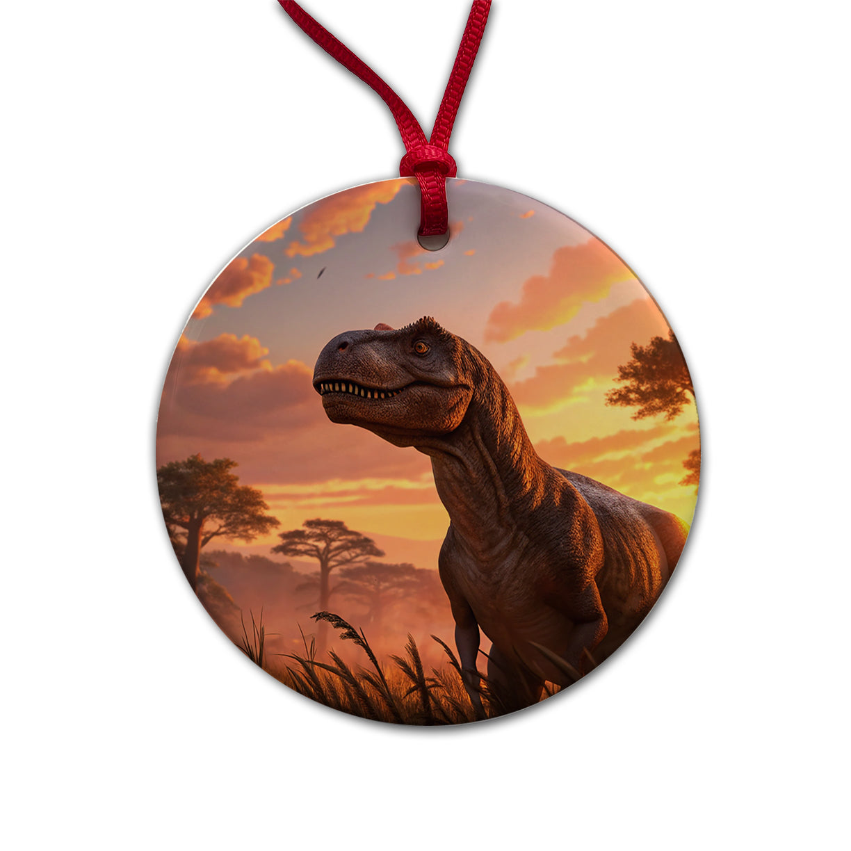 Tyrannosaurus T-Rex Dinosaur Sunset Sky Round Ceramic Holiday Christmas Tree Ornament