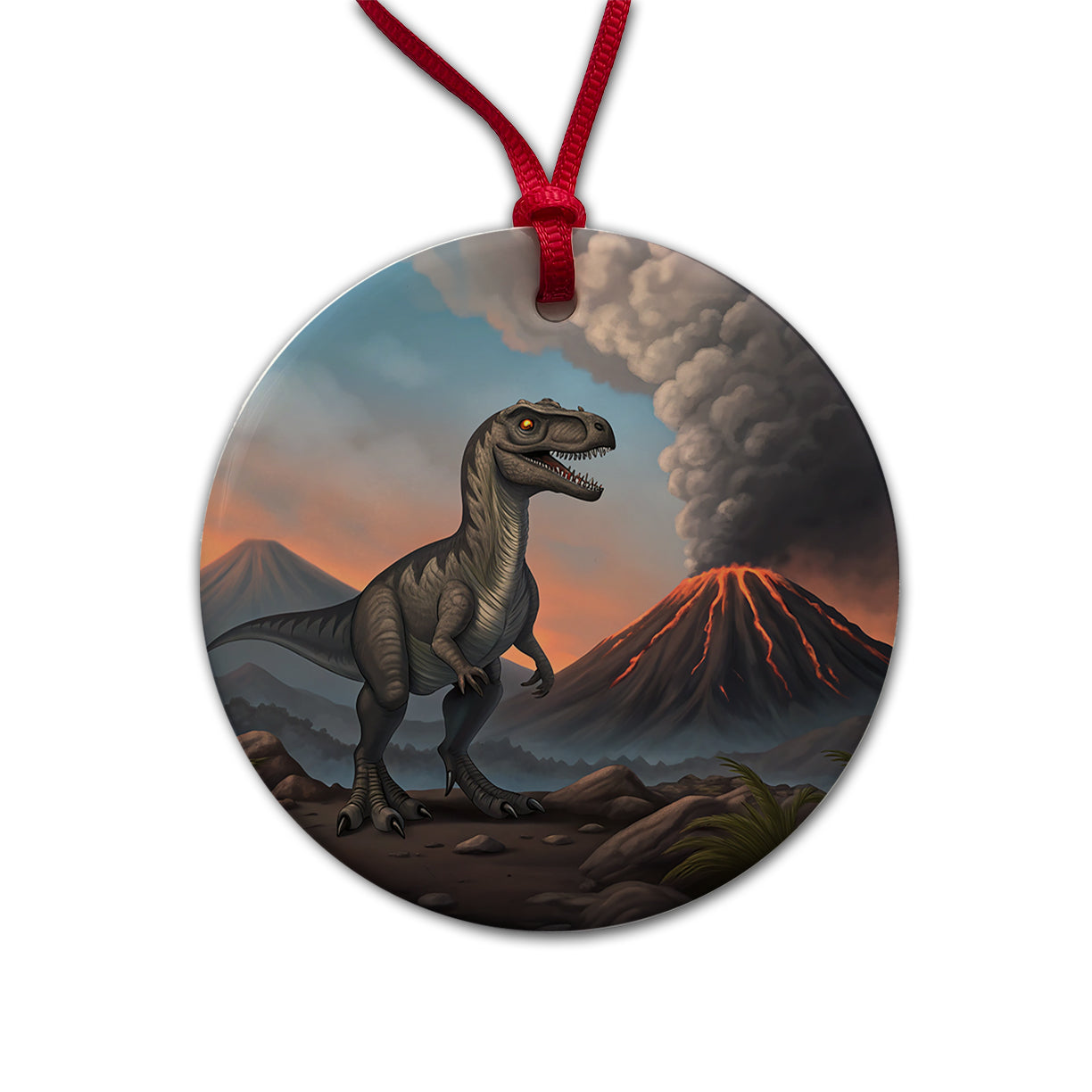 Velociraptor Volcano Dinosaur Round Ceramic Holiday Christmas Tree Ornament