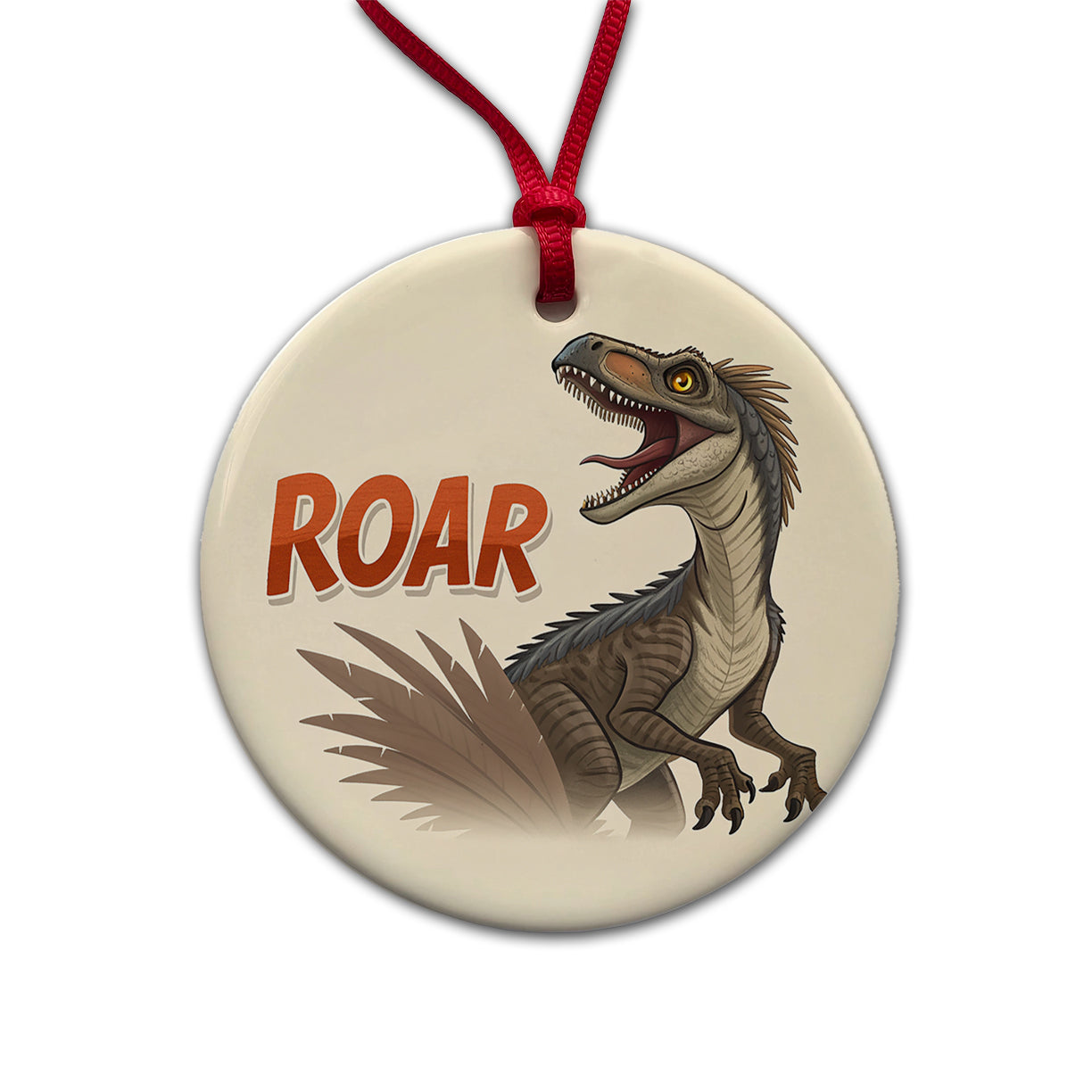 Velociraptor With Roar Dinosaur Round Ceramic Holiday Christmas Tree Ornament