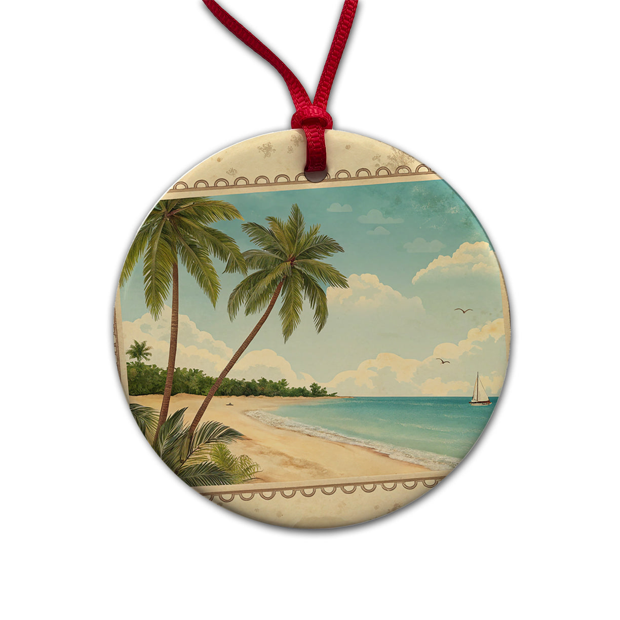 Vintage Beach Postcard Tropical Round Ceramic Holiday Christmas Tree Ornament