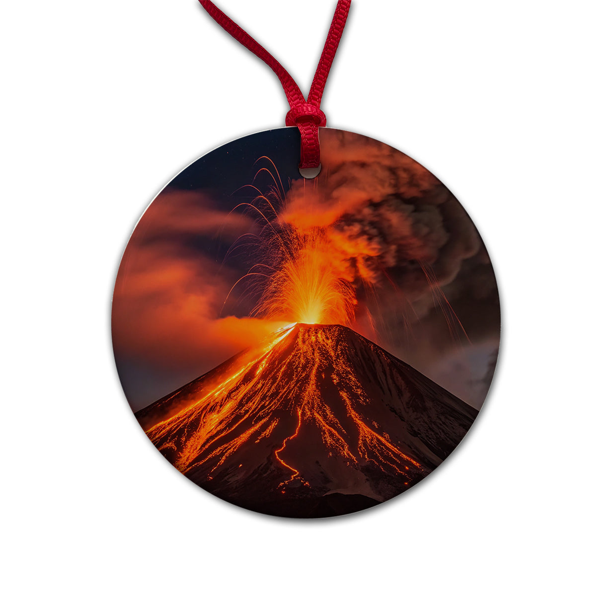 Volcano Erupting At Night Lava Round Ceramic Holiday Christmas Tree Ornament