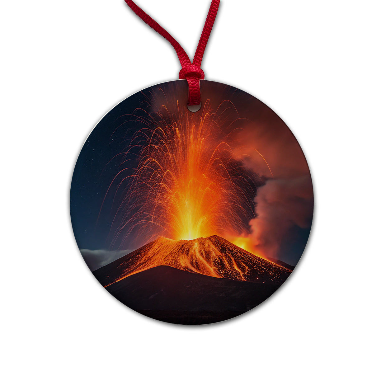 Volcano Erupting At Night Round Ceramic Holiday Christmas Tree Ornament