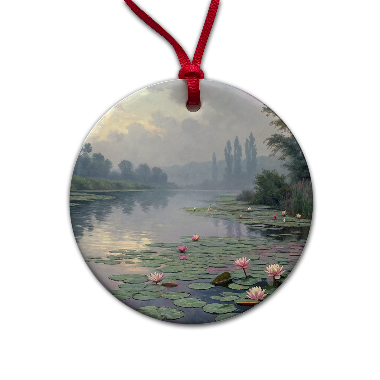 Water Lilies Inspired By Claude Monet Beautiful Round Ceramic Holiday Christmas Tree Ornament