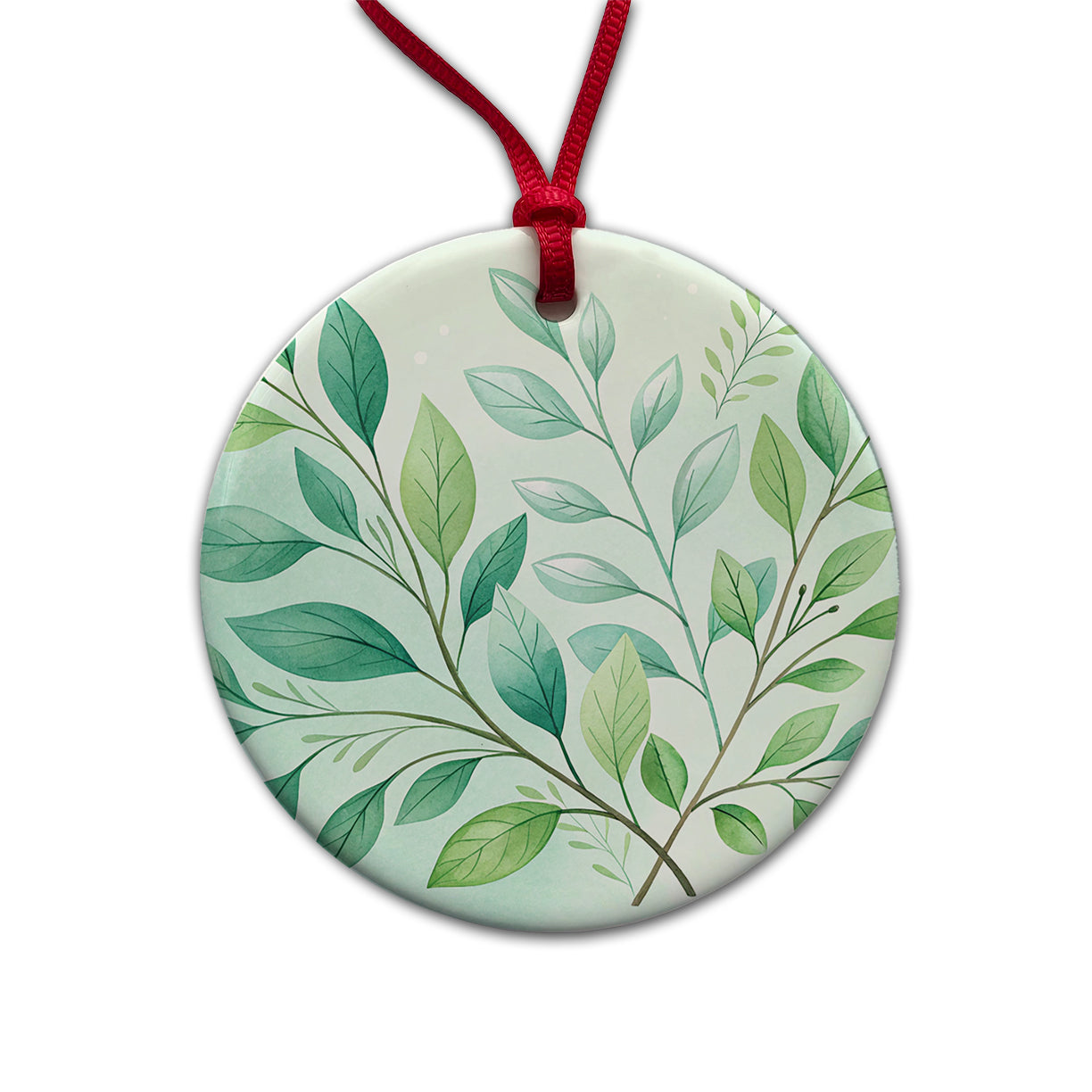 Watercolor Green Leaves And Branches Minimalist Round Ceramic Holiday Christmas Tree Ornament