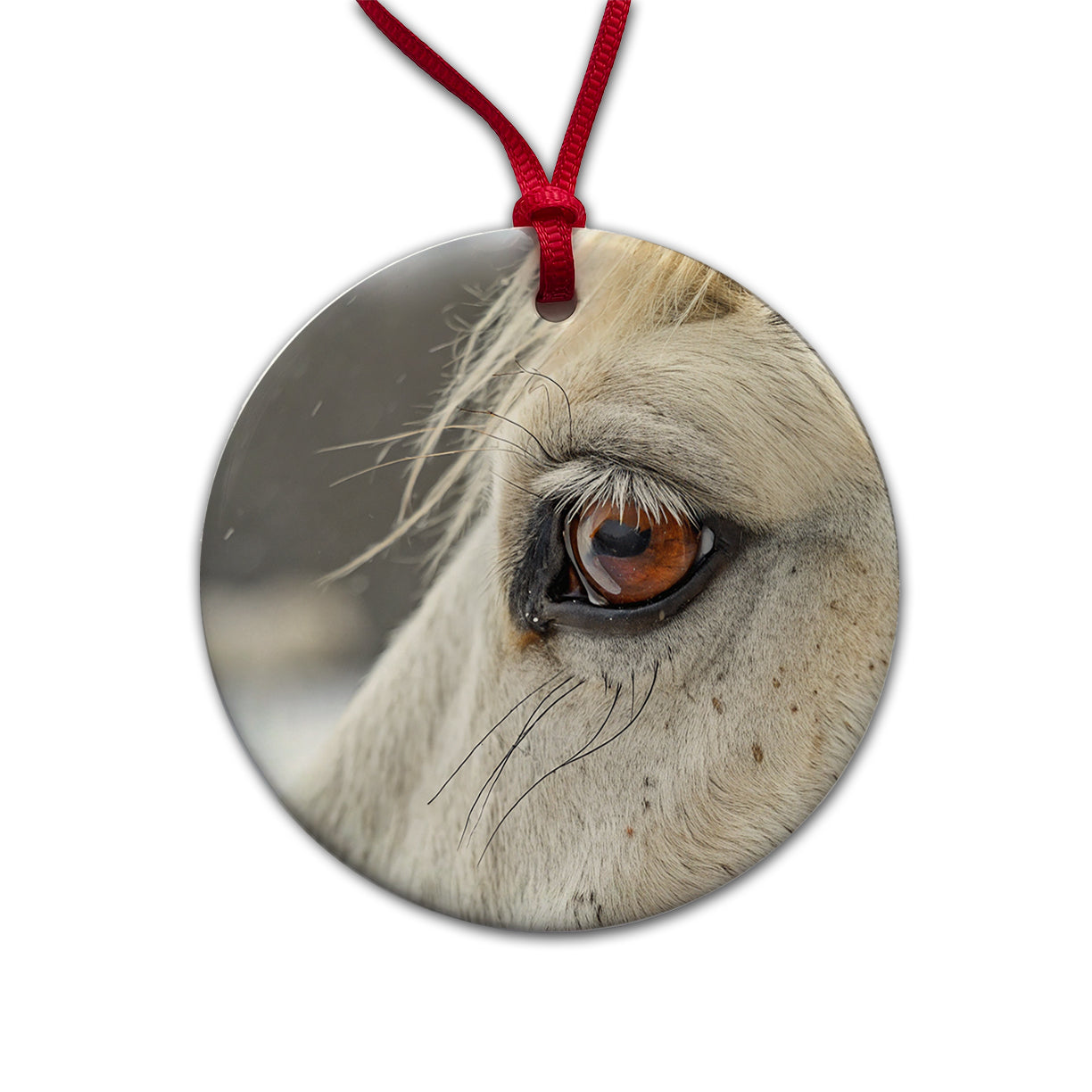 White Horse Eye Close Up Round Ceramic Holiday Christmas Tree Ornament