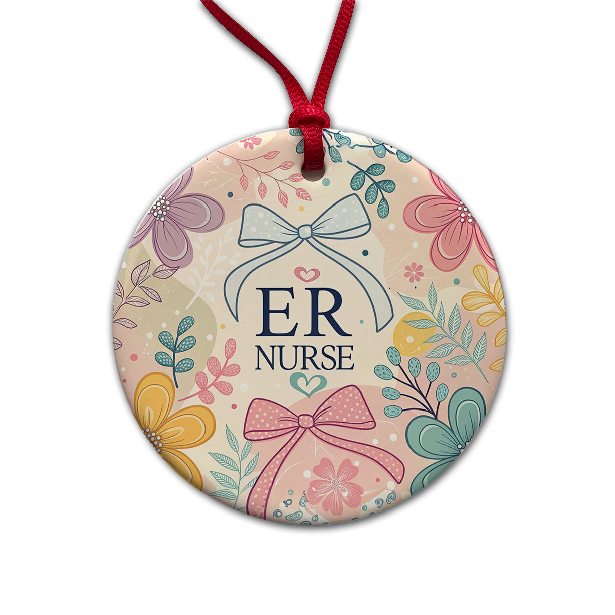 ER Emergency Room Nurse Appreciation Coquette Bows Flowers Round Ceramic Holiday Christmas Tree Ornament