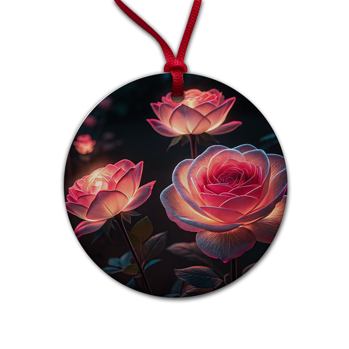 Glowing Pink Roses Beautiful Flowers Round Ceramic Holiday Christmas Tree Ornament