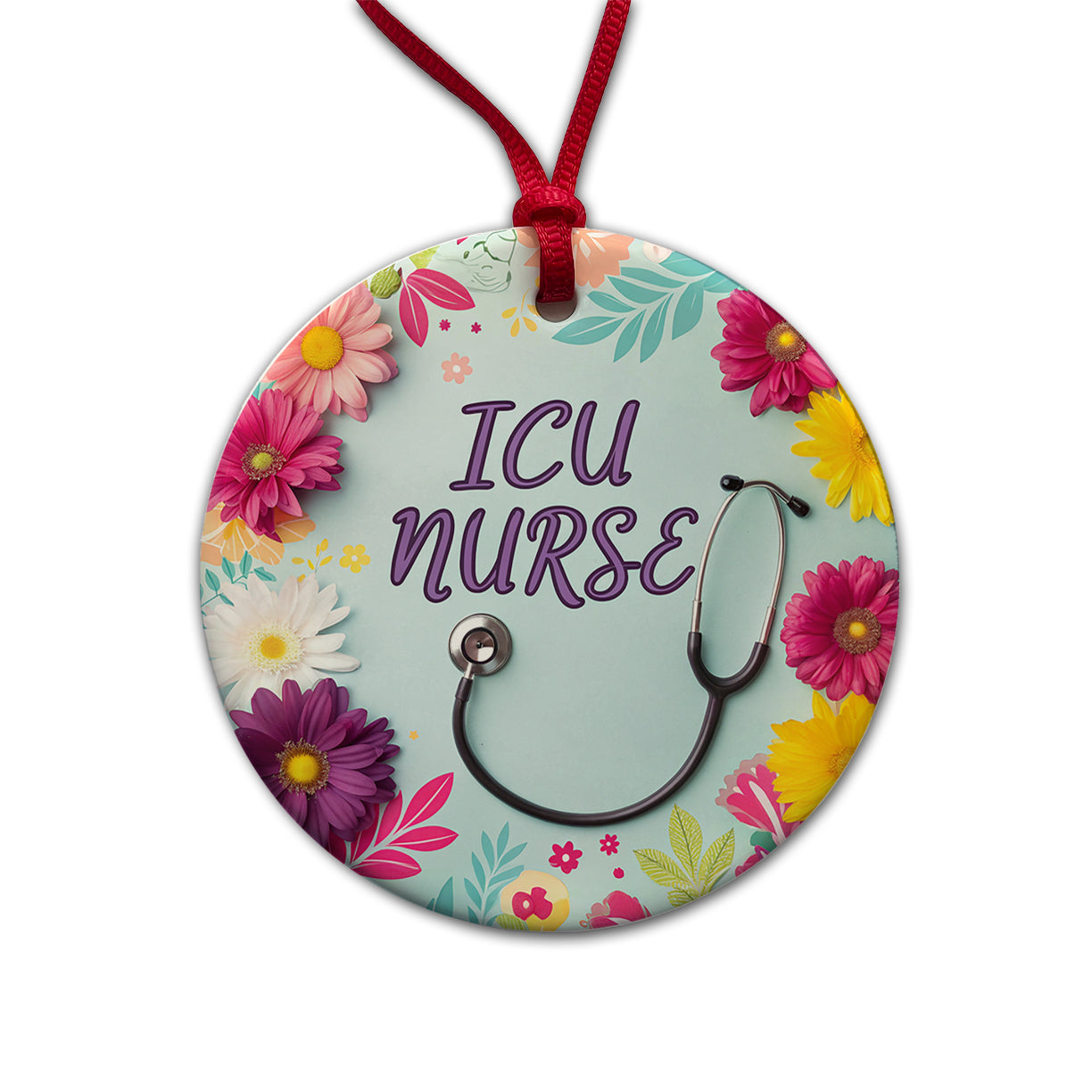 ICU Nurse Appreciation Stethoscope Flowers Round Ceramic Holiday Christmas Tree Ornament