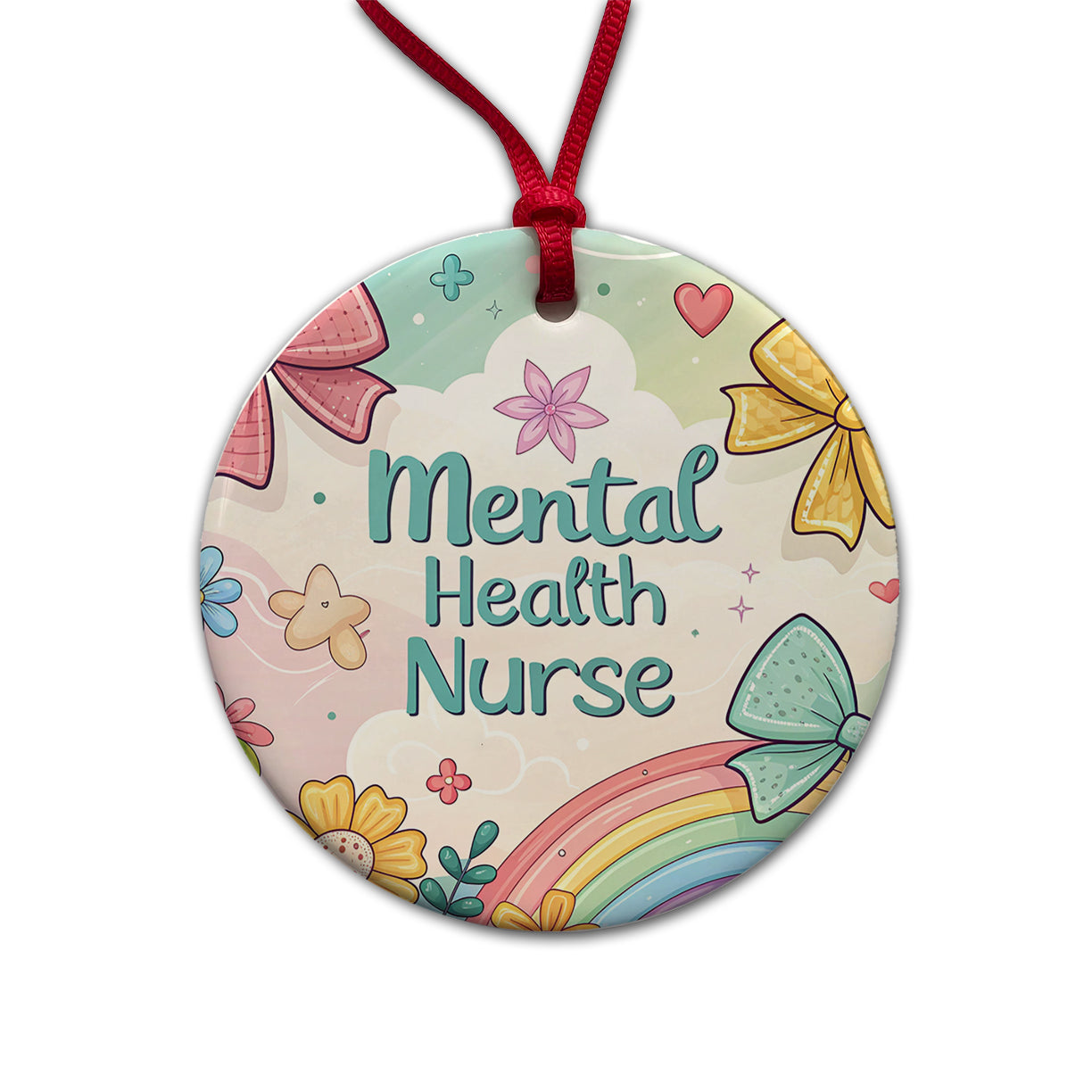 Mental Health Nurse Appreciation Coquette Bows Flowers Round Ceramic Holiday Christmas Tree Ornament