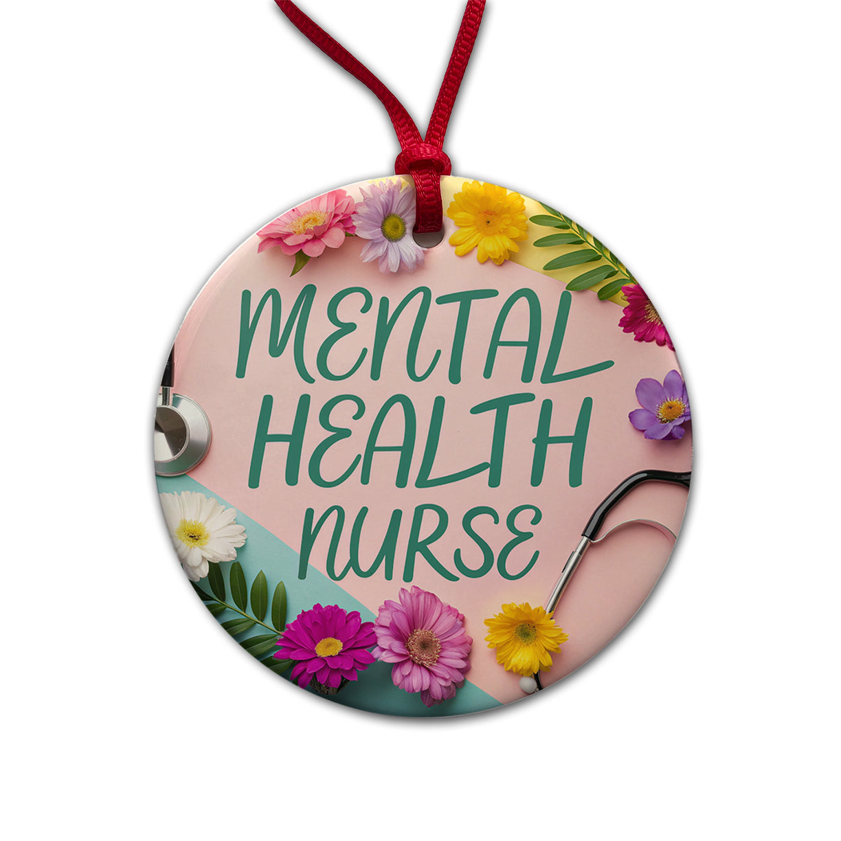 Mental Health Nurse Appreciation Stethoscope Flowers Round Ceramic Holiday Christmas Tree Ornament