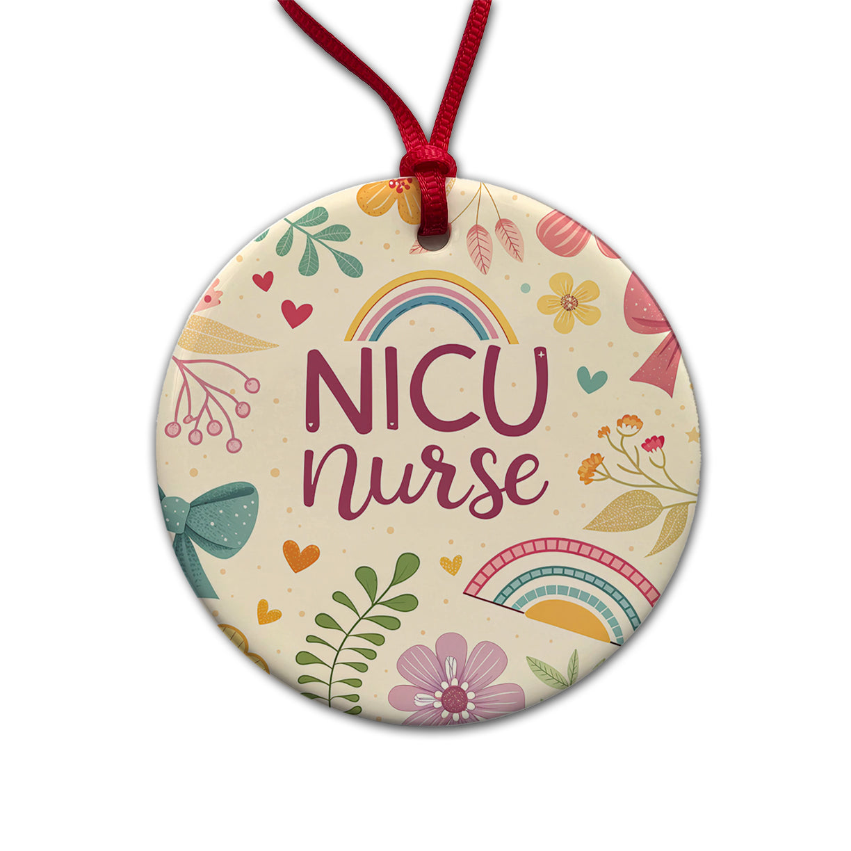 NICU Neonatal Nurse Appreciation Coquette Bows Flowers Round Ceramic Holiday Christmas Tree Ornament