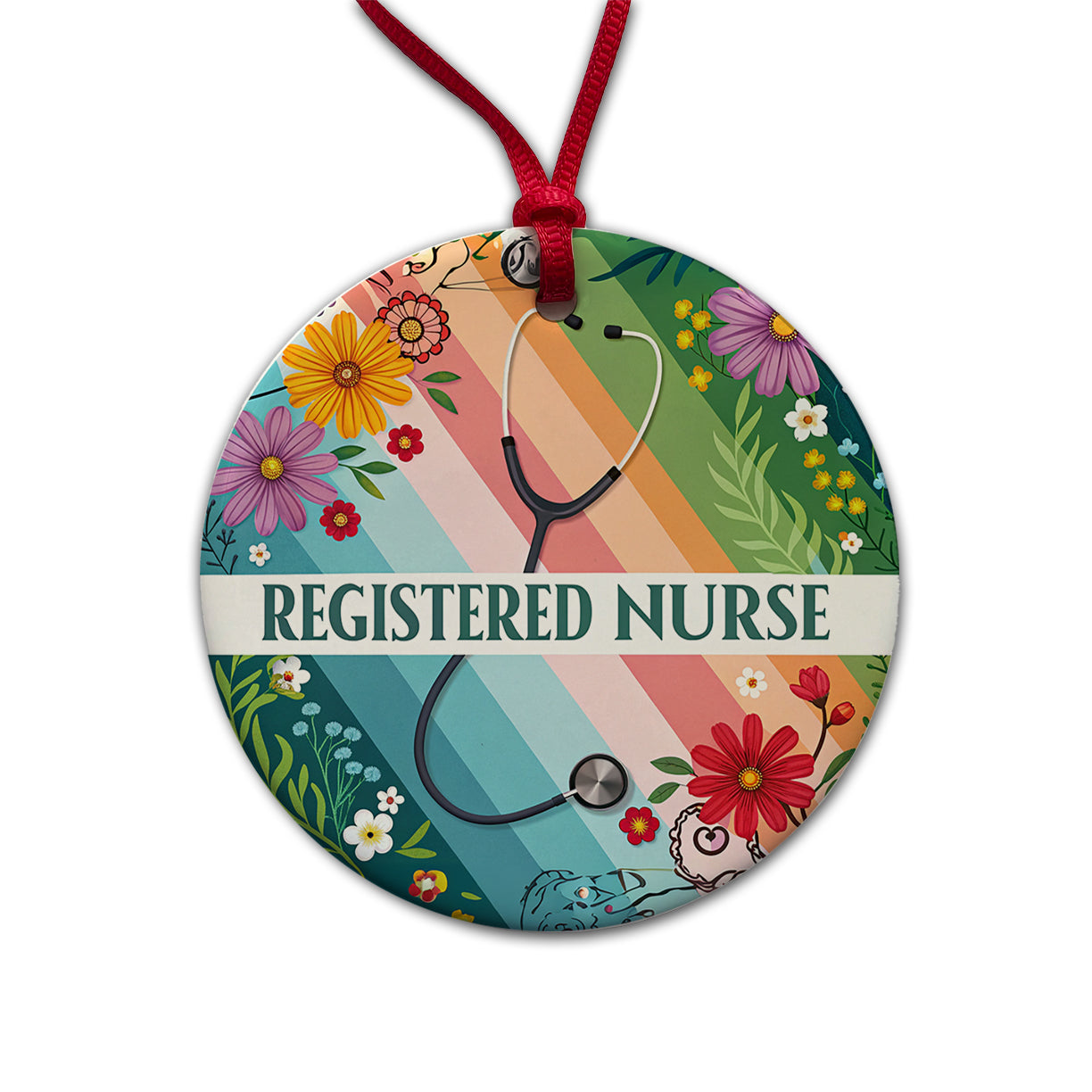 Registered Nurse RN Appreciation Stethoscope Colorful Flowers Round Ceramic Holiday Christmas Tree Ornament