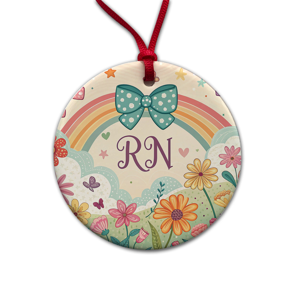 RN Registered Nurse Appreciation Coquette Bows Flowers Round Ceramic Holiday Christmas Tree Ornament