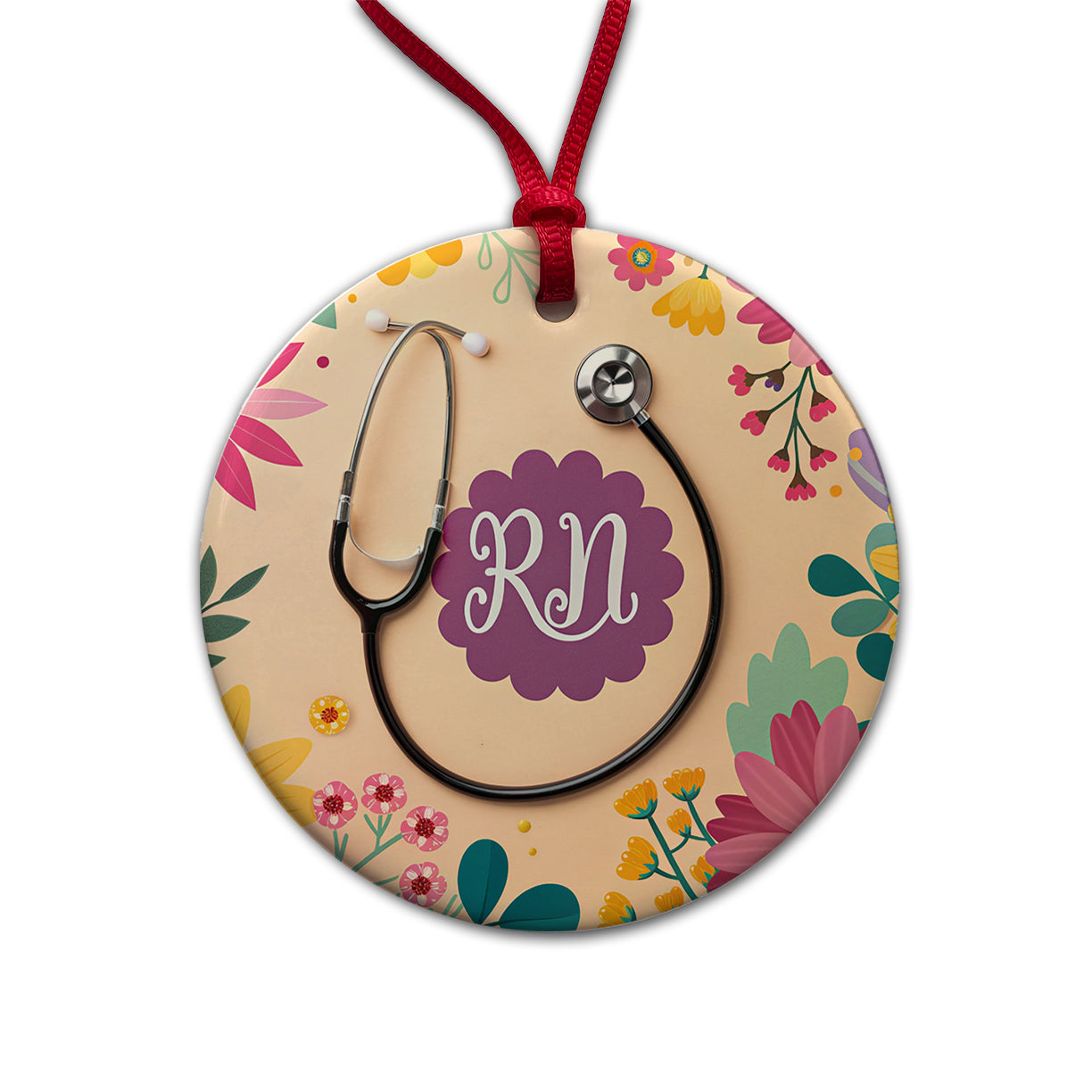 RN Registered Nurse Appreciation Stethoscope Flowers Round Ceramic Holiday Christmas Tree Ornament