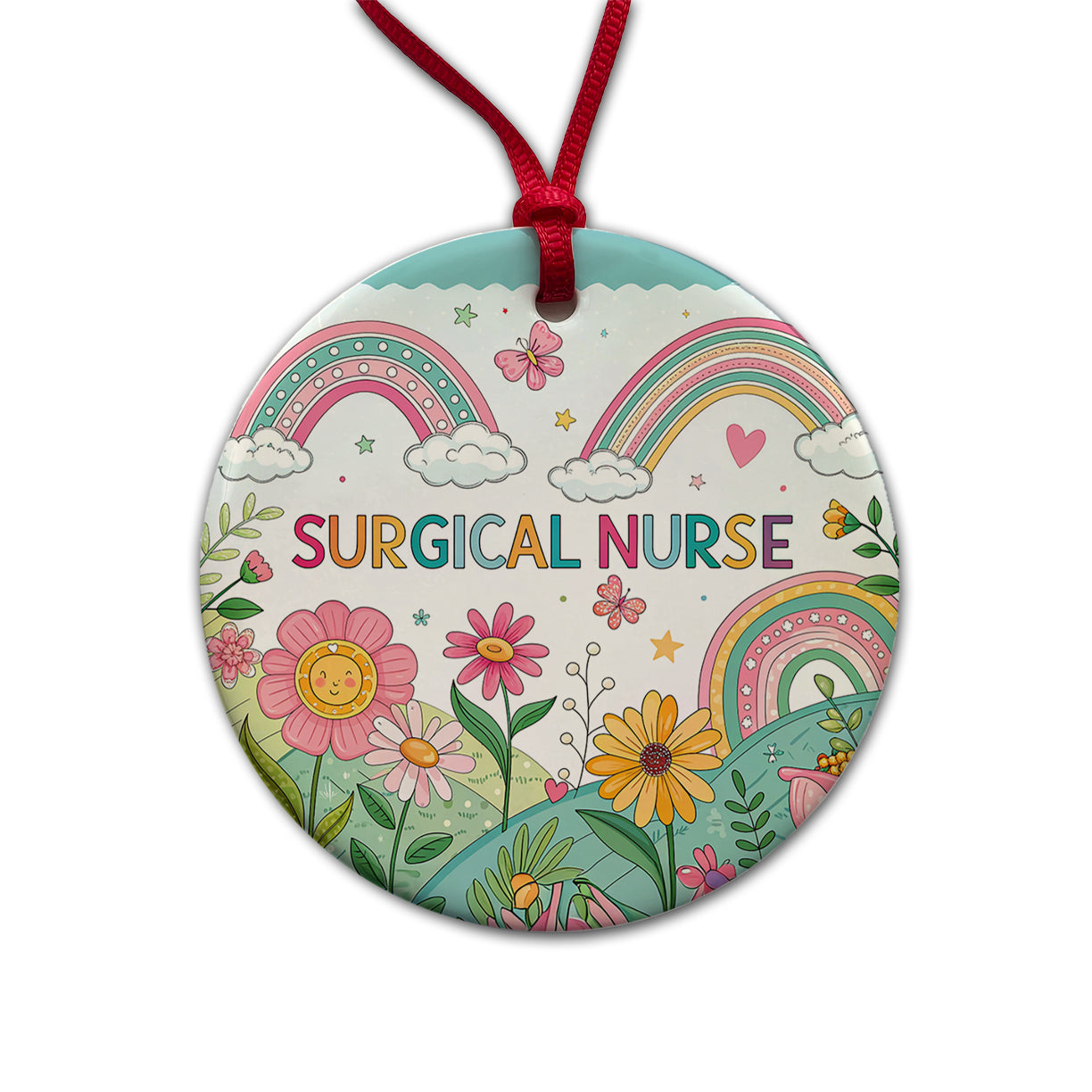 Surgical Nurse Appreciation Coquette Bows Flowers Round Ceramic Holiday Christmas Tree Ornament