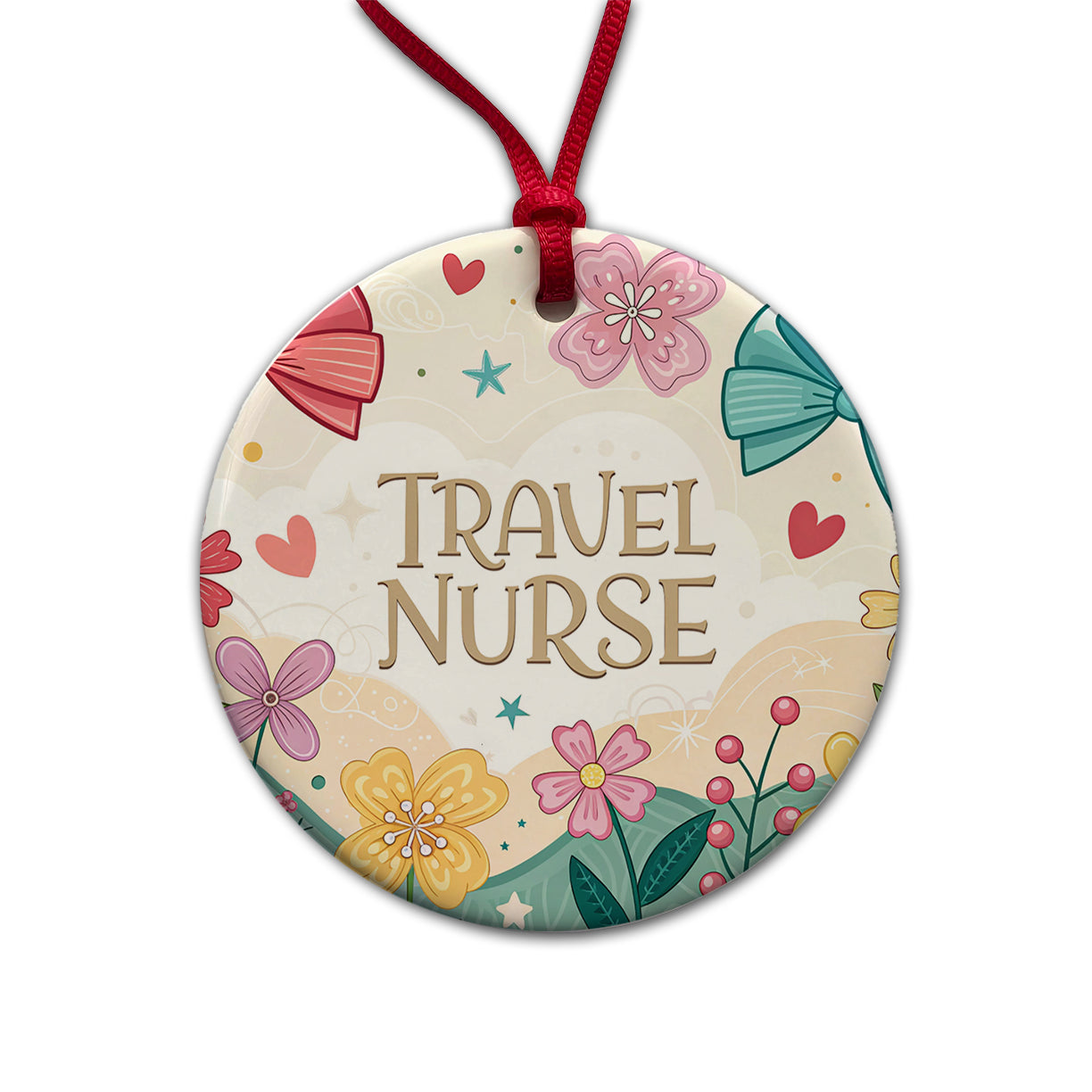 Travel Nurse Appreciation Coquette Bows Flowers Round Ceramic Holiday Christmas Tree Ornament