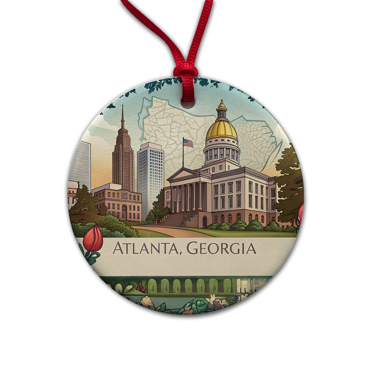 Atlanta, Georgia GA Travel City State Stamp Round Ceramic Holiday Christmas Tree Ornament