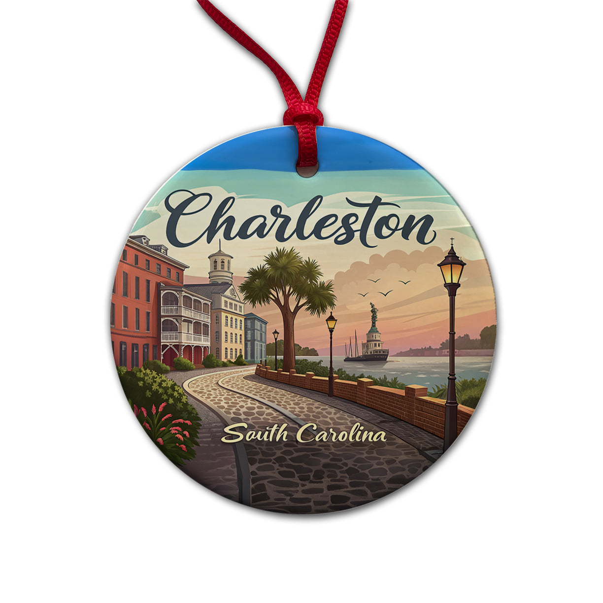 Charleston, South Carolina SC Travel City State Stamp Round Ceramic Holiday Christmas Tree Ornament