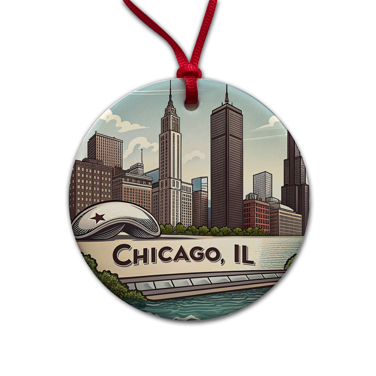 Chicago, Illinois IL Travel City State Stamp Round Ceramic Holiday Christmas Tree Ornament