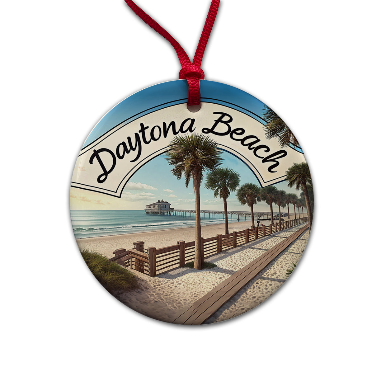 Daytona Beach, Florida FL Travel City State Stamp Round Ceramic Holiday Christmas Tree Ornament