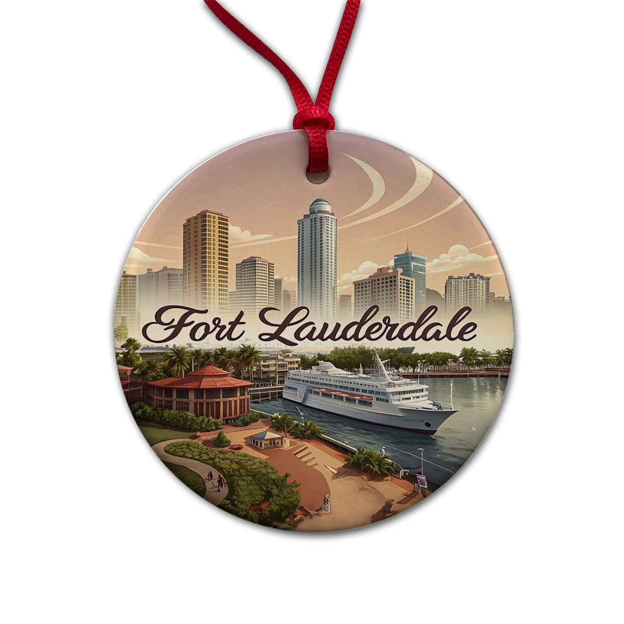 Fort Lauderdale, Florida FL Travel City State Stamp Round Ceramic Holiday Christmas Tree Ornament