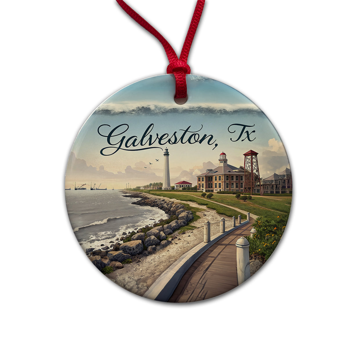 Galveston, Texas TX Travel City State Stamp Round Ceramic Holiday Christmas Tree Ornament