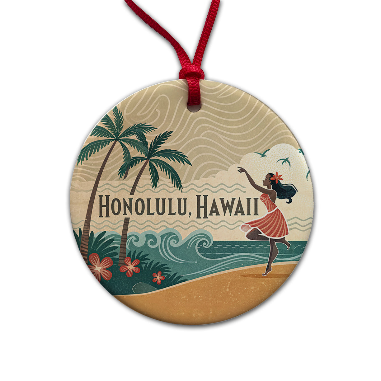Honolulu, Hawaii HI Travel City State Stamp Round Ceramic Holiday Christmas Tree Ornament