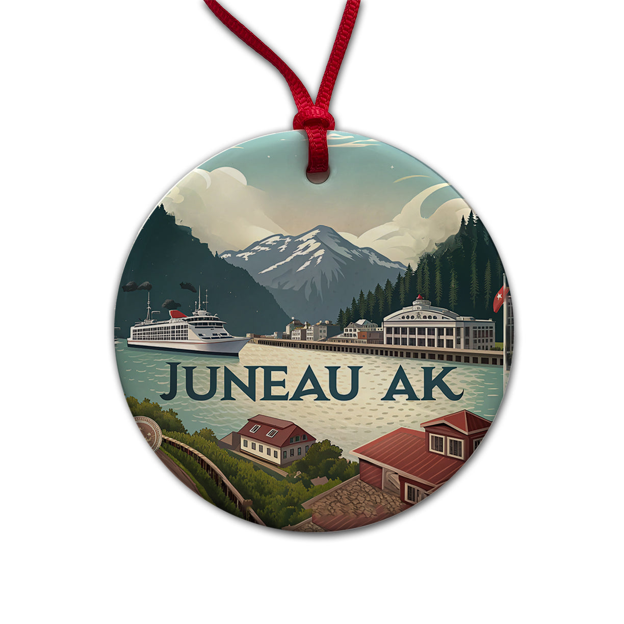 Juneau, Alaska AK Travel City State Stamp Round Ceramic Holiday Christmas Tree Ornament