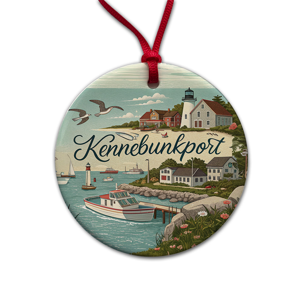Kennebunkport, Maine ME Travel City State Stamp Round Ceramic Holiday Christmas Tree Ornament