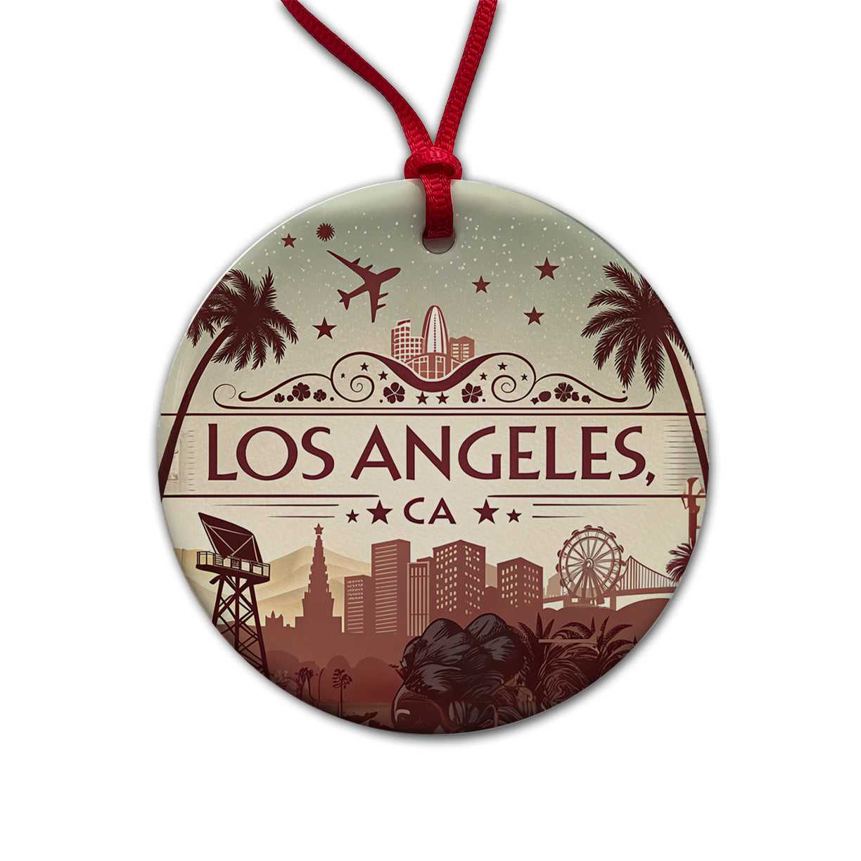 Los Angeles, California CA Travel City State Stamp Round Ceramic Holiday Christmas Tree Ornament