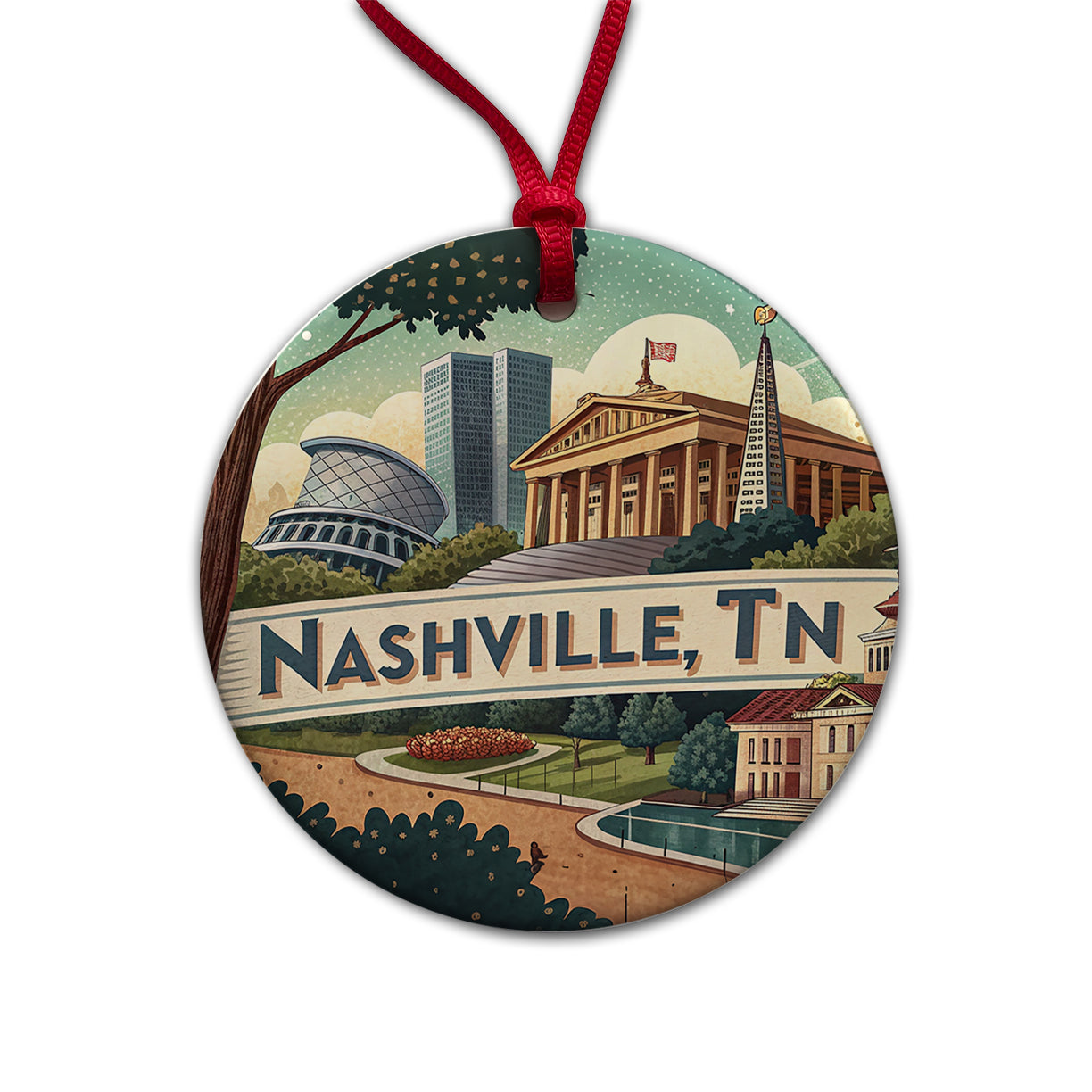 Nashville, Tennessee TN Travel City State Stamp Round Ceramic Holiday Christmas Tree Ornament