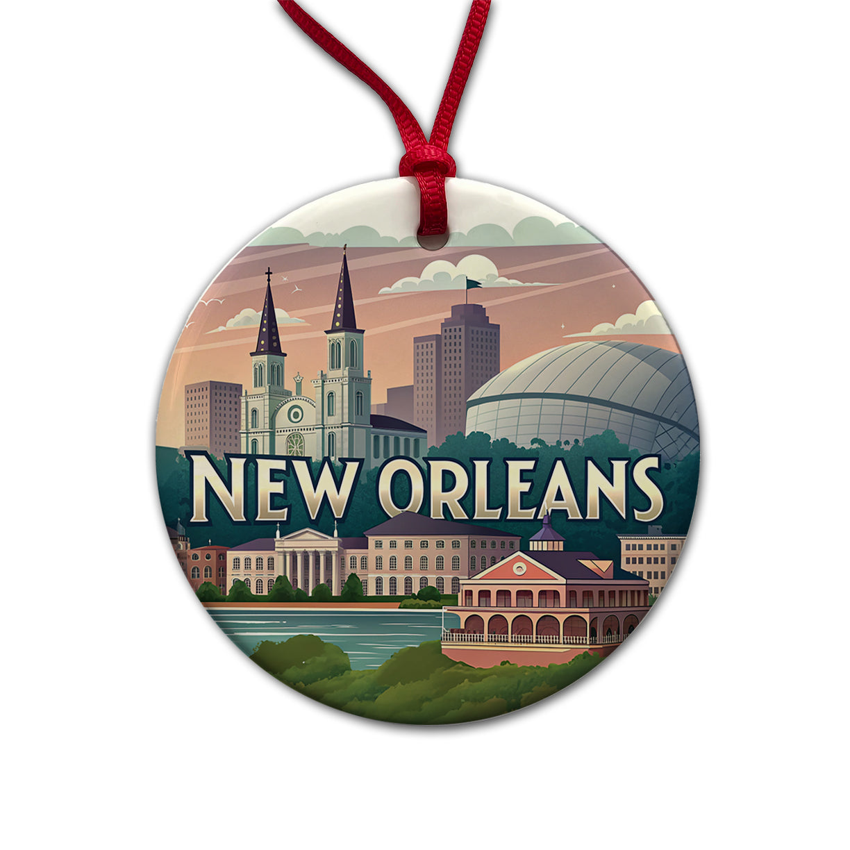 New Orleans, Louisiana LA Travel City State Stamp Round Ceramic Holiday Christmas Tree Ornament