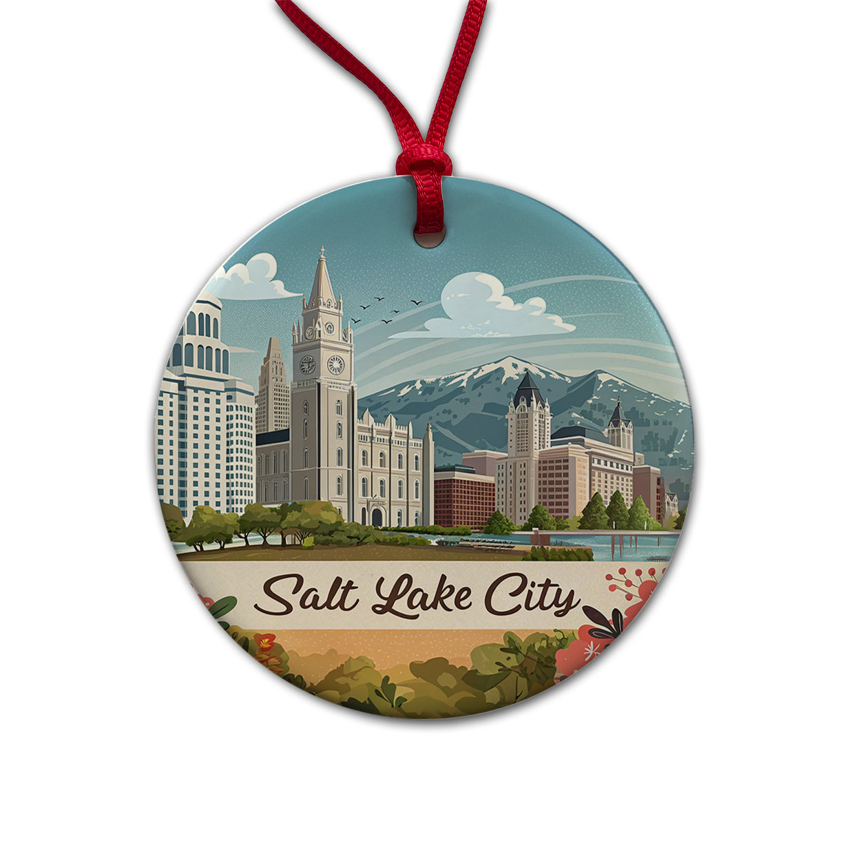Salt Lake City, Utah UT Travel City State Stamp Round Ceramic Holiday Christmas Tree Ornament