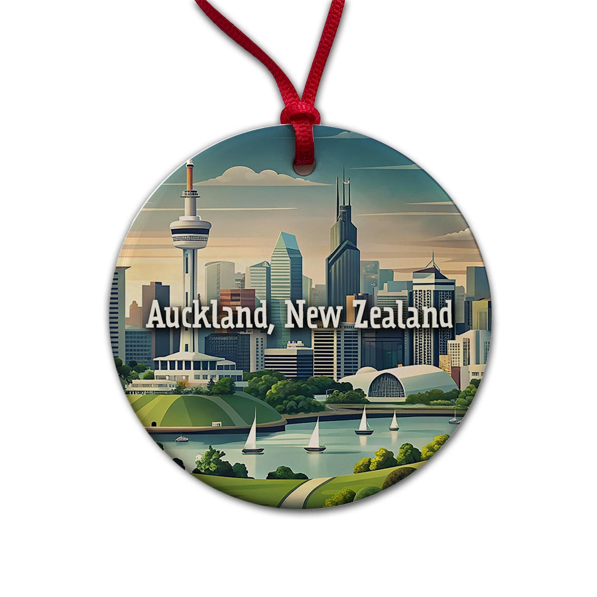 Auckland, New Zealand Travel City Country Stamp Round Ceramic Holiday Christmas Tree Ornament