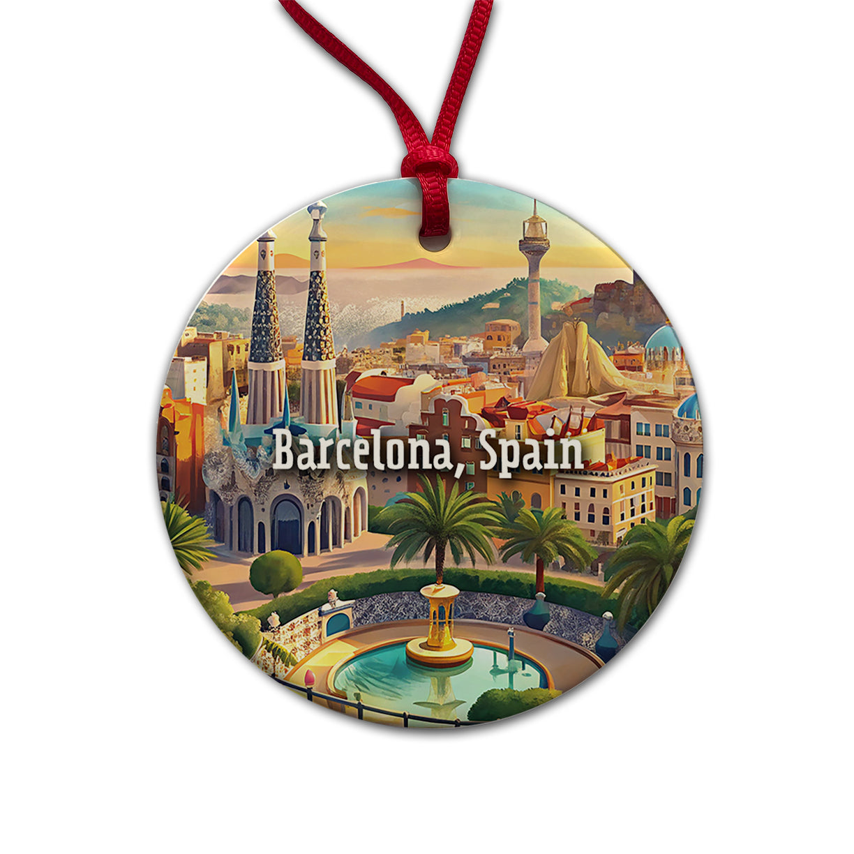 Barcelona, Spain Travel City Country Stamp Round Ceramic Holiday Christmas Tree Ornament