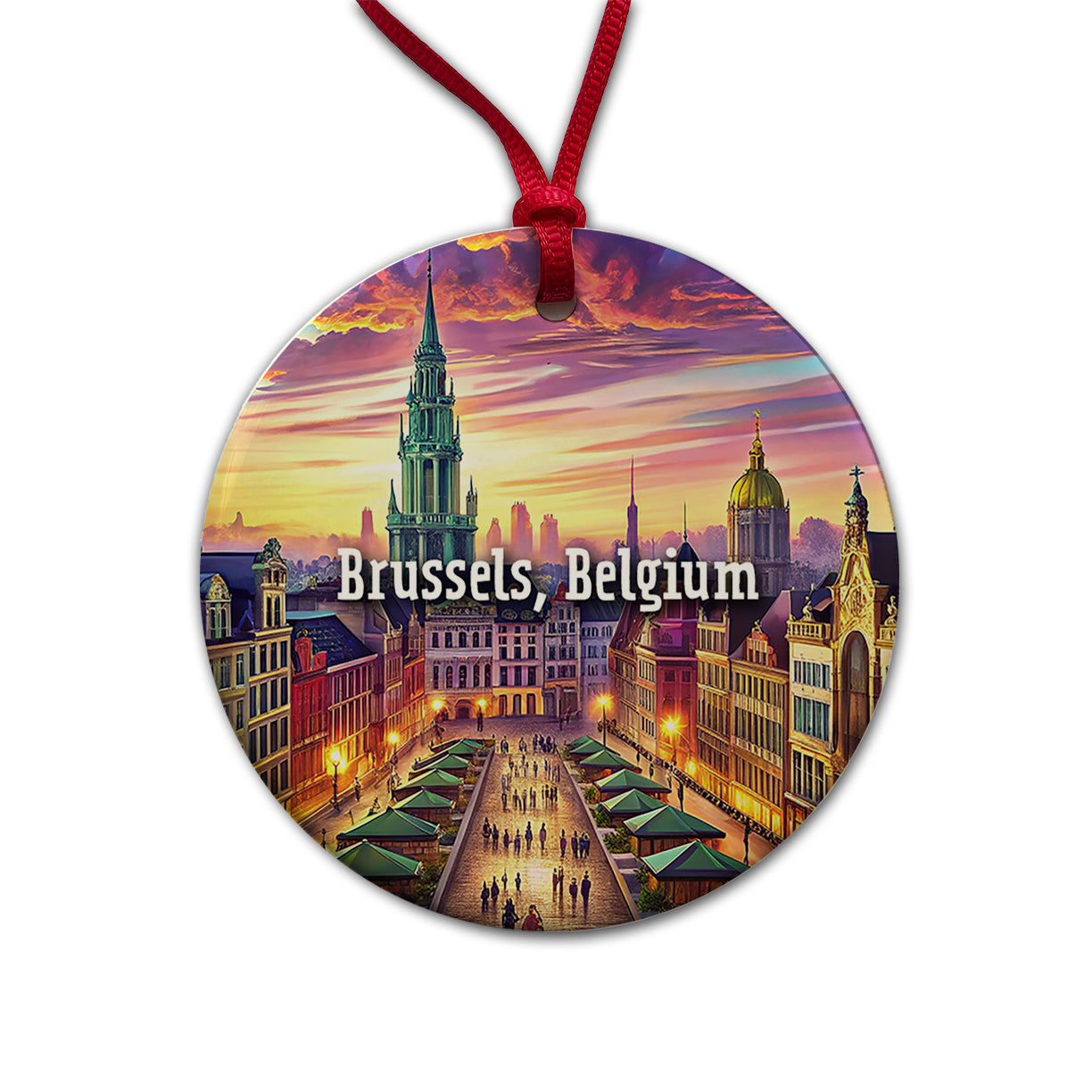 Brussels, Belgium Travel City Country Stamp Round Ceramic Holiday Christmas Tree Ornament