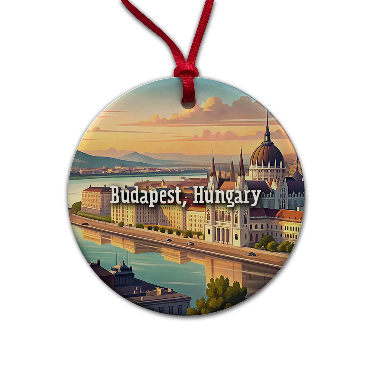 Budapest, Hungary Travel City Country Stamp Round Ceramic Holiday Christmas Tree Ornament