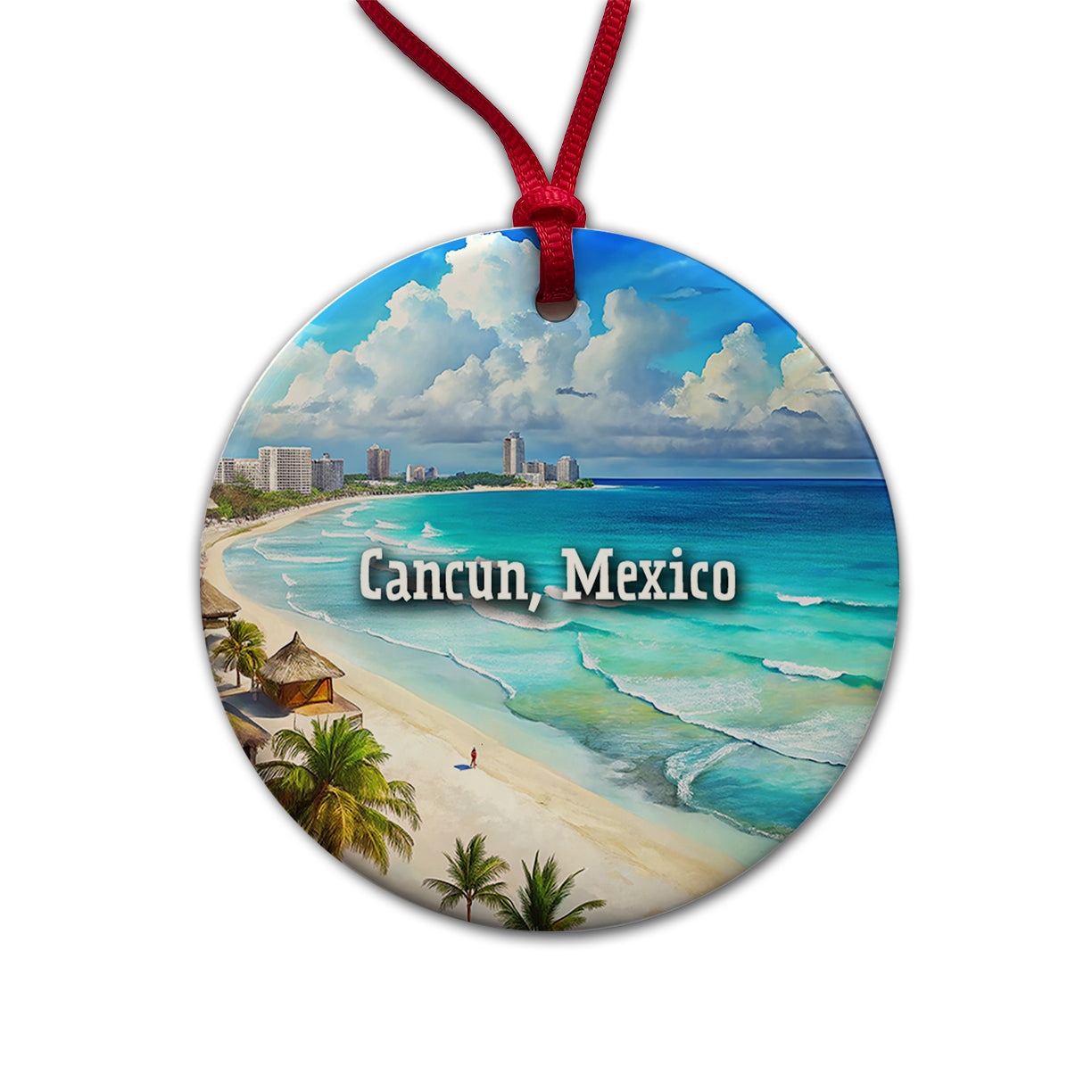 Cancun, Mexico Travel City Country Stamp Round Ceramic Holiday Christmas Tree Ornament