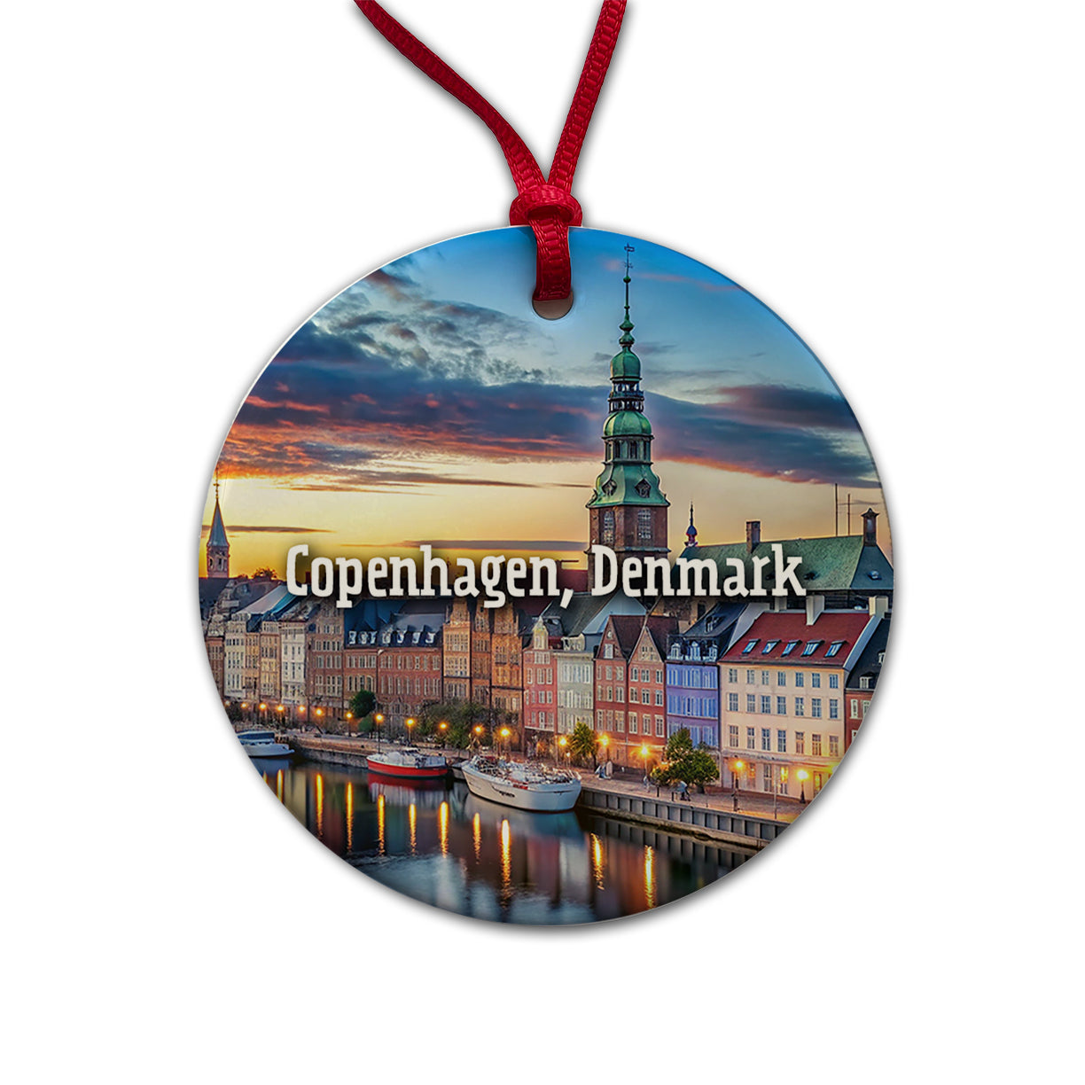 Copenhagen, Denmark Travel City Country Stamp Round Ceramic Holiday Christmas Tree Ornament